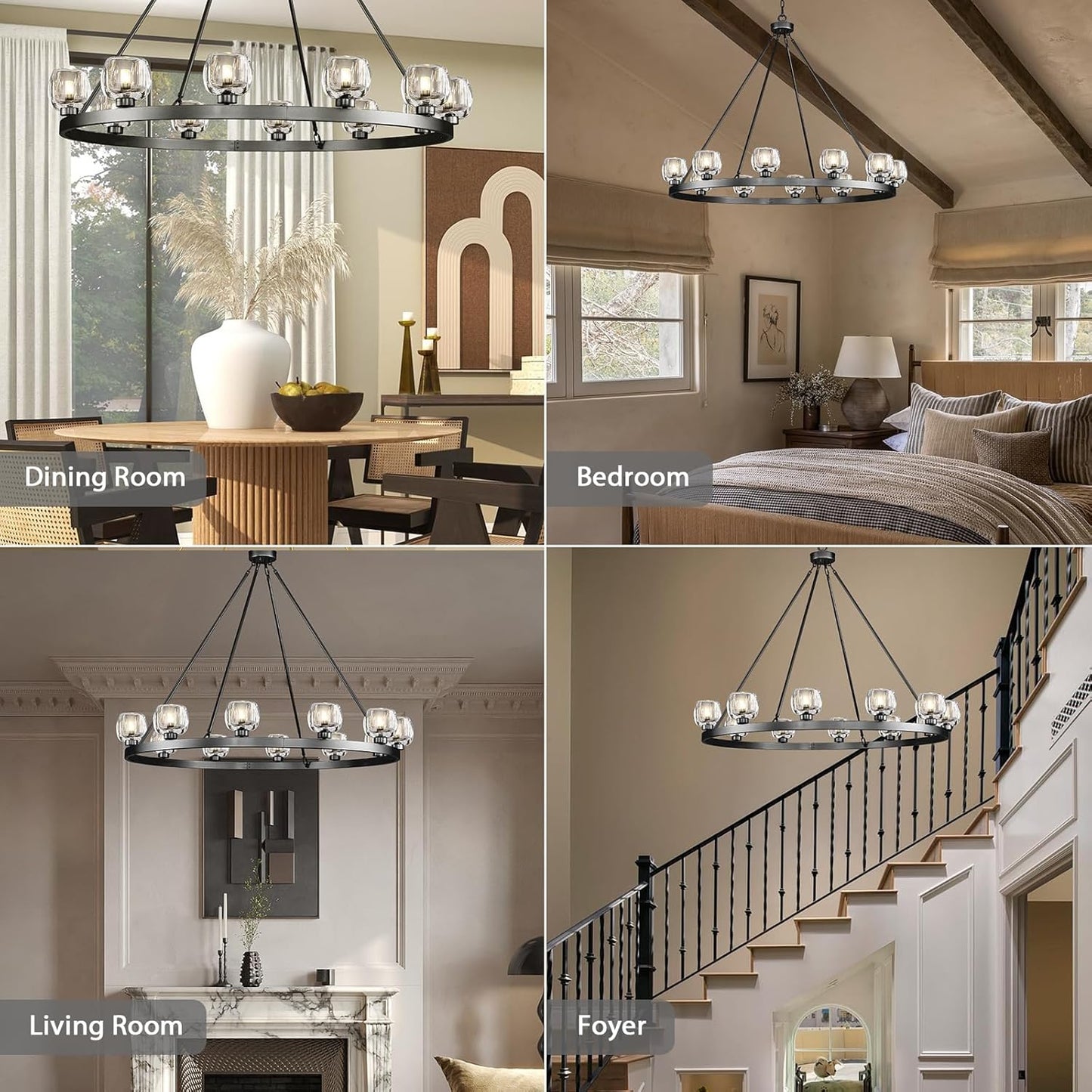 Black Wagon Wheel Chandelier, 48 Inch Black Chandeliers with Unique Glass Shade, 12-Light Crystal Large Wagon Wheel Chandeliers for Dining Room, High Ceiling Round Chandelier for Living Room, Foyer