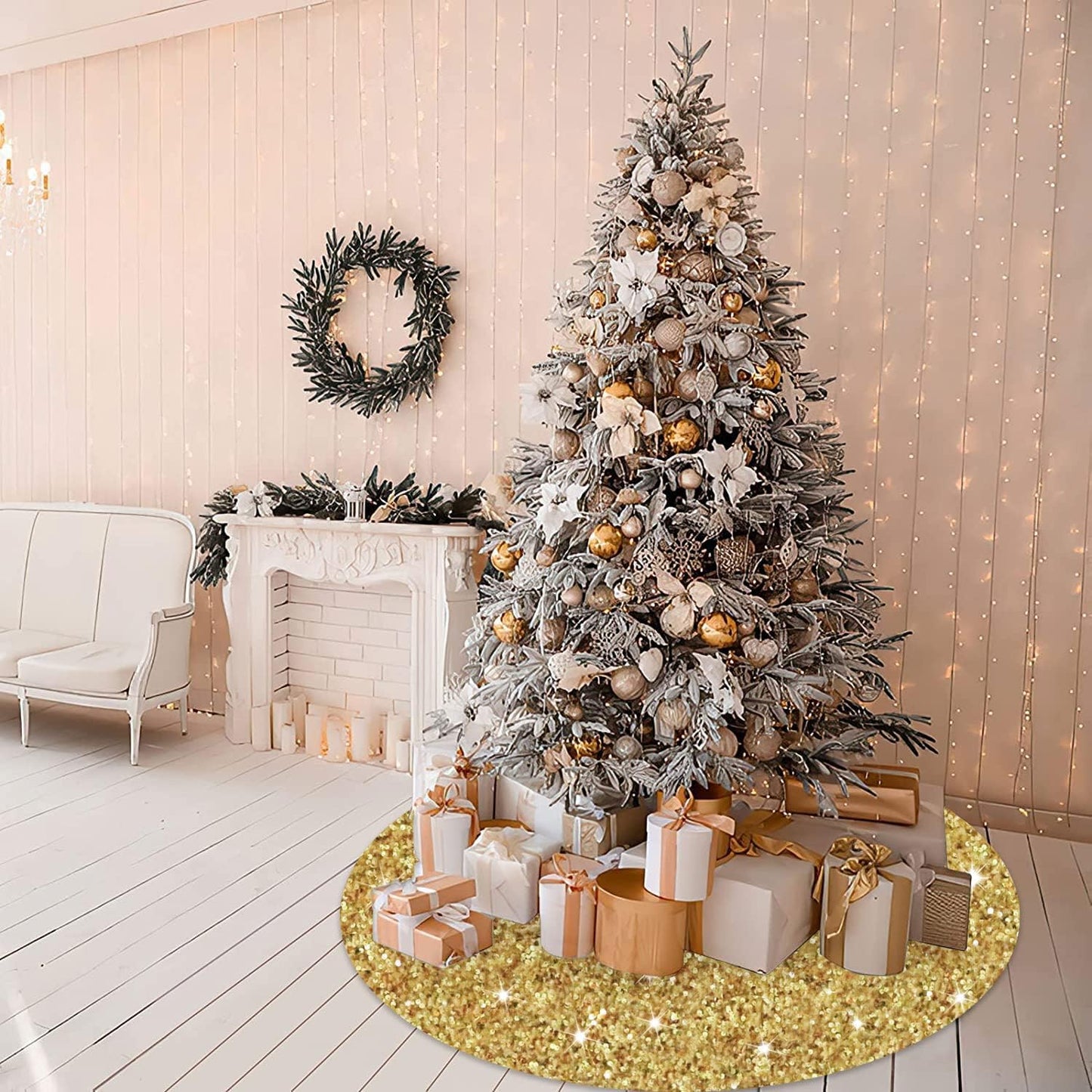 Gold Tree Skirt 46 Inch Shiny Sequin Christmas Tree Skirt Christmas Decorations for Feast Tree Velour Glittery Xmas Tree Skirts Round Metallic Christmas Tree Mat Skirt Vintage Sequins Tree Blanket.