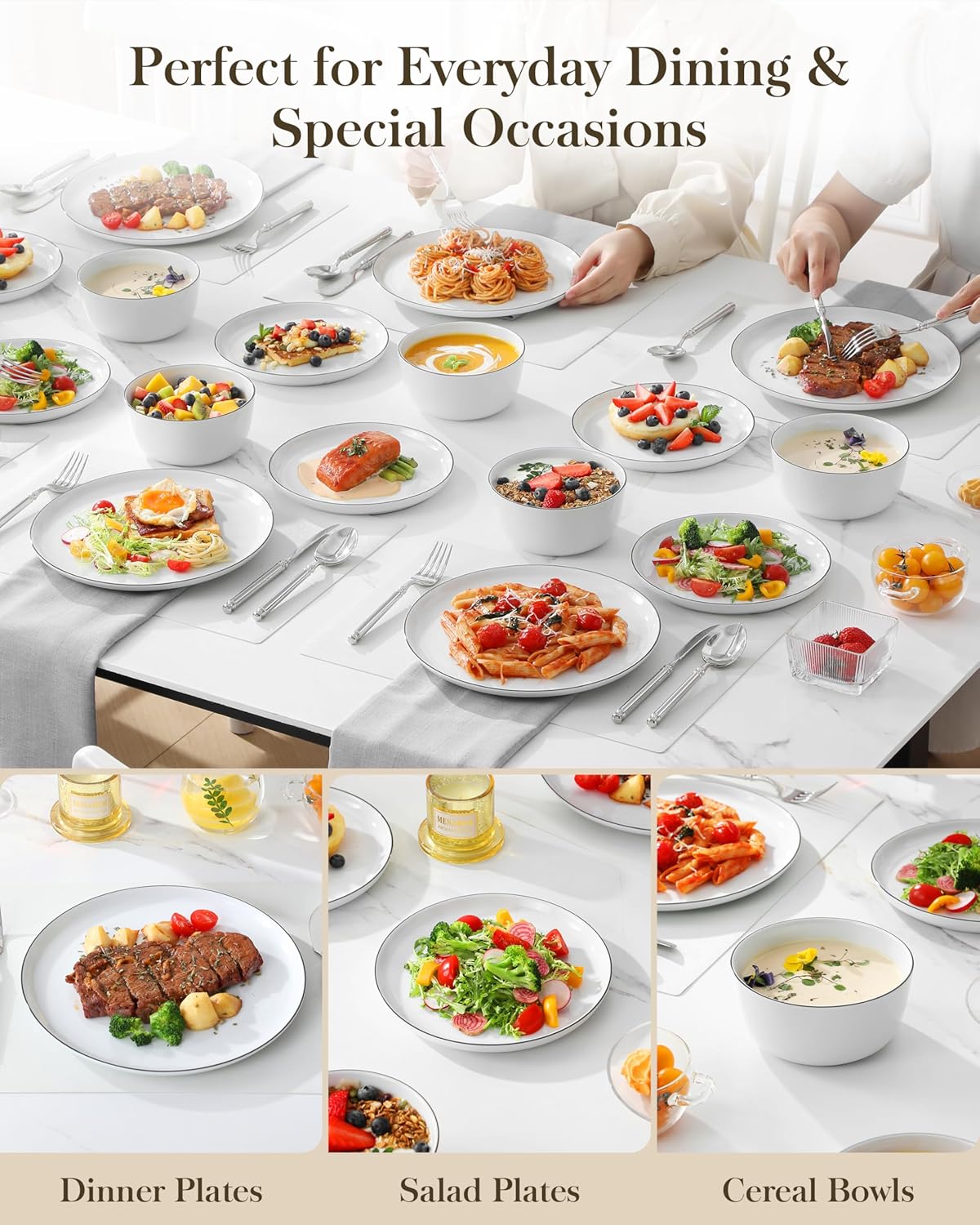 MALACASA 24 Pieces Gourmet Porcelain Dinnerware Sets, Premium Plates and Bowls Set, High-Fired Dishes Set for 8, Chip & Scratch Resistant, Microwave Dishwasher Safe, White & Black Rim, Series LEXI