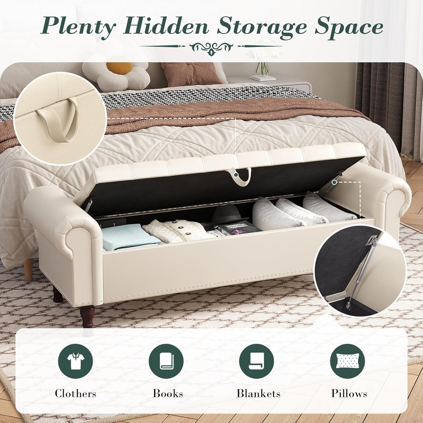 Apicizon 60”Storage Ottoman Bench, Soft Faux Leather Indoor Bench with Rolled Arm and Vintage Rivets, Large Storage Chest for Bedroom, Living Room, Entryway，Beige & Brown Legs