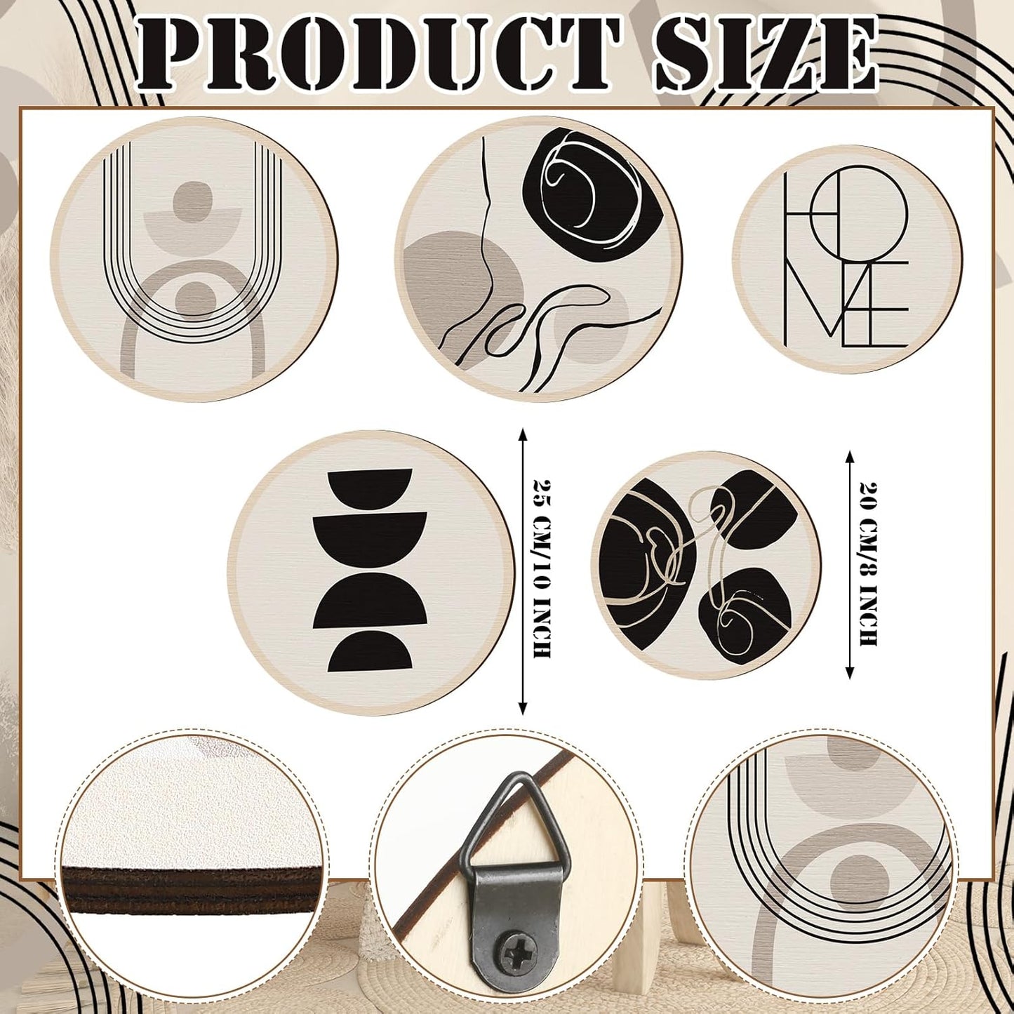 Qunclay 5 Pcs Wall Art Decor Wooden Living Room Wall Decor Bohemian Hanging Farmhouse Geometric 10'' and 8'' Aesthetic Wood Minimalist Posters for Bedroom(Classic)