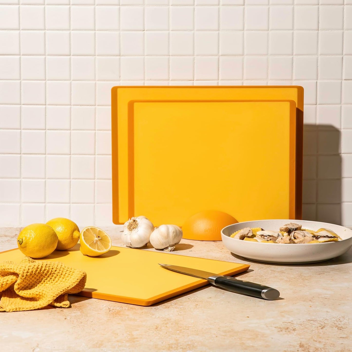 SMIRLY Plastic Cutting Board Set with Holder 4 Pieces, Non-Slip Dishwasher Safe Chopping Boards for Kitchen, Yellow