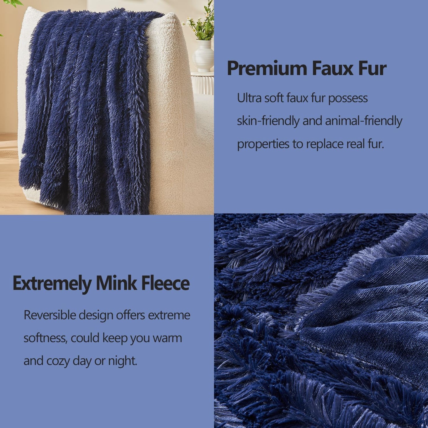 GONAAP Fuzzy Faux Fur Throw Blanket Dark Navy Super Soft Cozy Plush Fuzzy Shaggy Blanket for Couch Sofa Bed (Dark Navy, Throw(50"x60"))