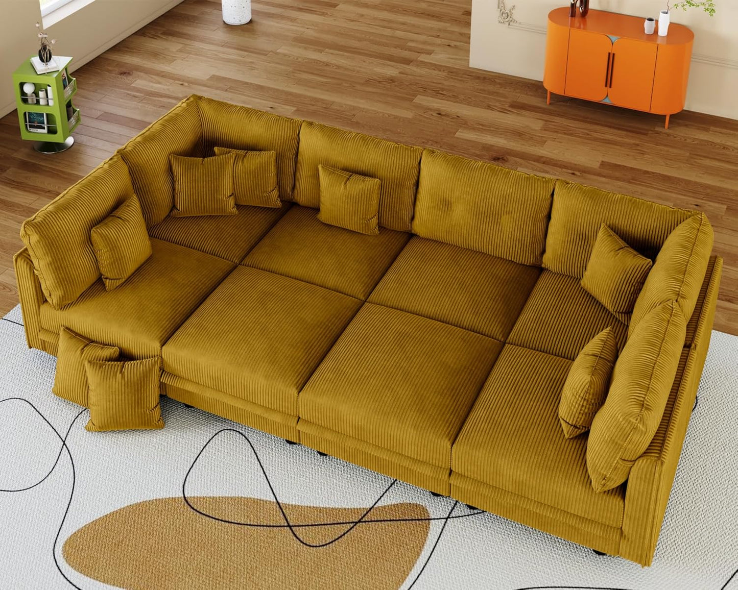 LLappuil Modular Sectional Sofa with Storage Seat, Corduroy Modular U Shaped Sectional Couch for Living Room, 8 Seat Oversized Sofa with 8 Back Cushion 8 Throw Pillow, Yellow