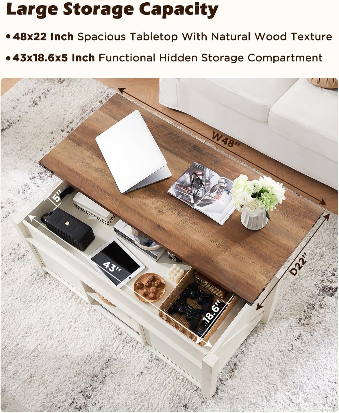 OKD 48" Farmhouse Lift Top Coffee Table with Sliding Barn Door,Rustic Center Table with Hidden Storage Compartment,Lifting Tabletop and Adjustable Shelf for Living Room,Office,Antique White