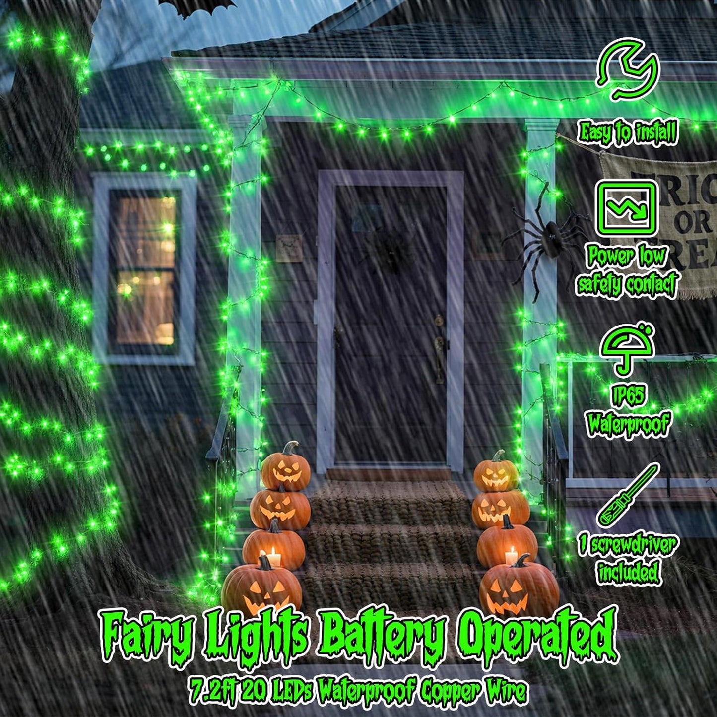 TingMiao Halloween Green Fairy Lights Battery Operate,7.2ft 20 LEDs String Lights Silver Copper Wire for Hallowen Christmas DIY Decoration Wedding Party (6 Pack)