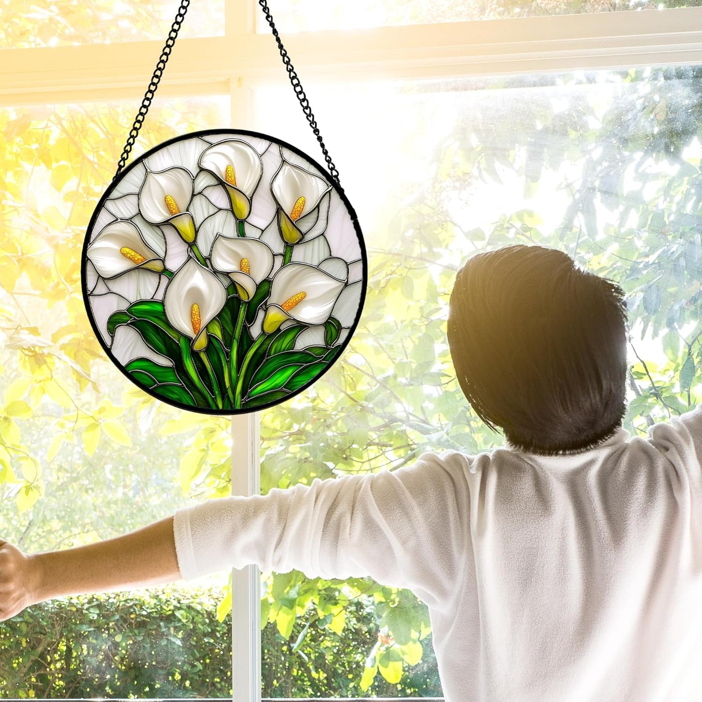Stained Glass Window Hanging, White Calla Lily Suncatcher Diamond Glass Panel Hangings Flowers Sun Catchers Decor for Birthday for Women, Men, Wife, Aunt, and Mom 9.8 in
