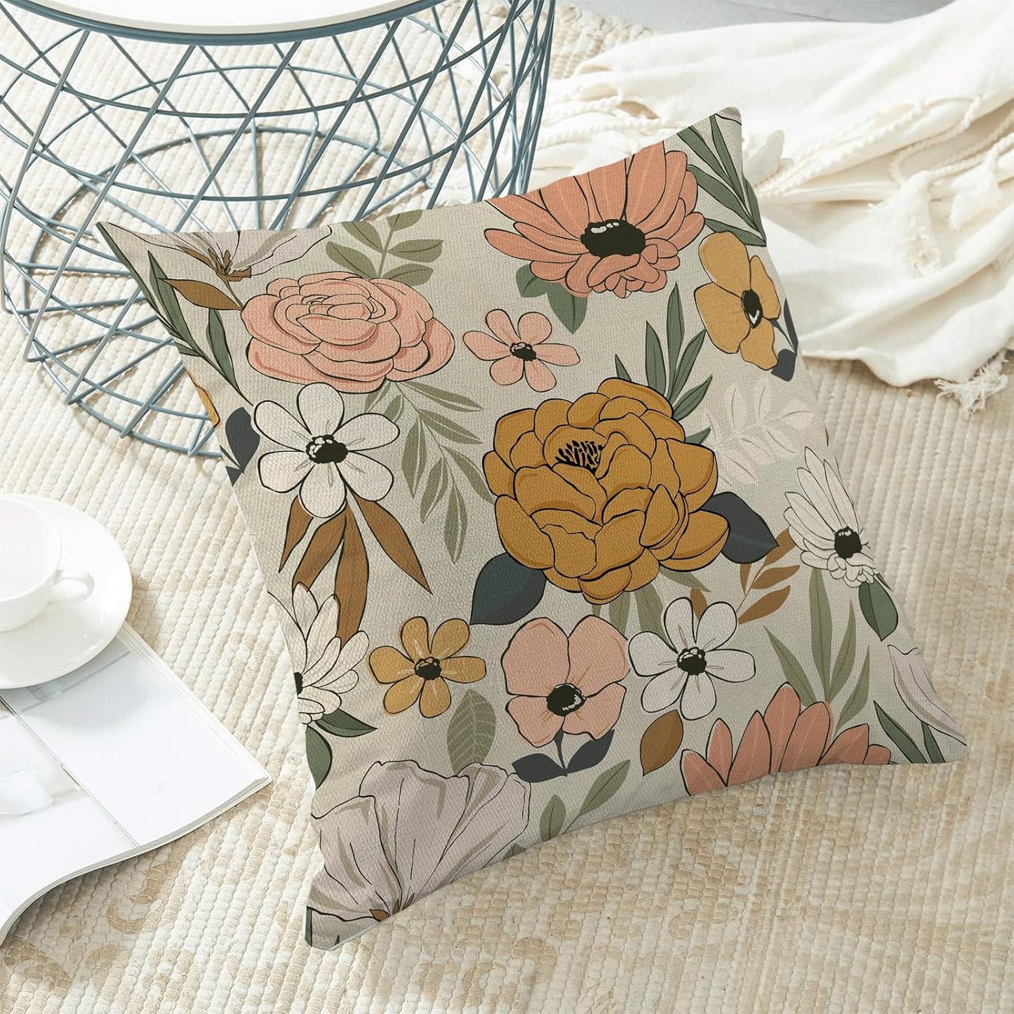 CXMEIFLY Spring Floral Pillow Covers 16 x 16 Inch Set of 2 for Vintage Mustard Yellow Pink Flowers Decor Throw Pillows Plant Cream Outdoor Decorative Cushion Cases for Couch Bed Decorations