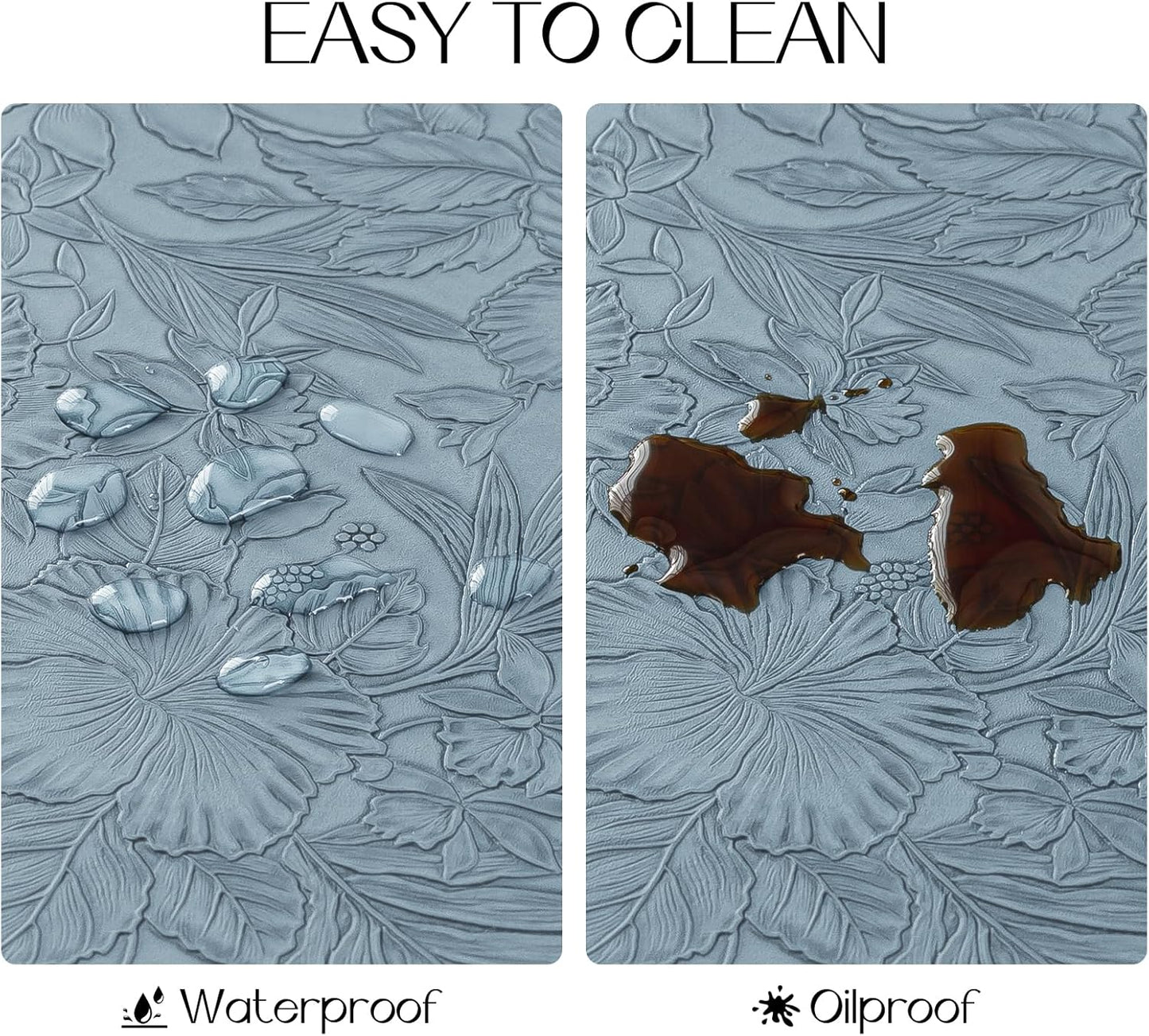 Romanstile Vinyl Placemats Set of 8-12 X 18 Inch - Heat Resistant Non-Slip Embossed Floral Place Mats 100% Waterproof Oilproof Wipeable Faux Leather Table Mats for Kitchen/Dining/Party, SkyBlue