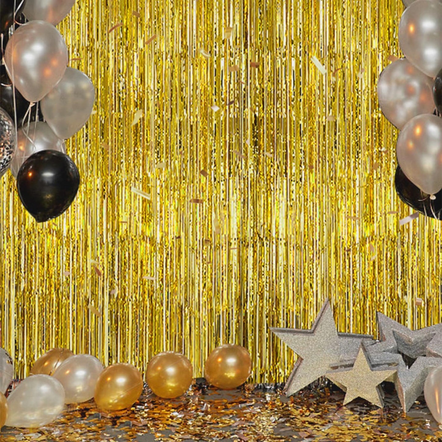 3 Pack Foil Fringe Backdrop - Laser Gold Shiny Tinsel Curtains for Party Decoration/Photo Booth Props - 3.3x8.2 FT Metallic Foil Backdrop for Birthday, Wedding, Graduation, Christmas.