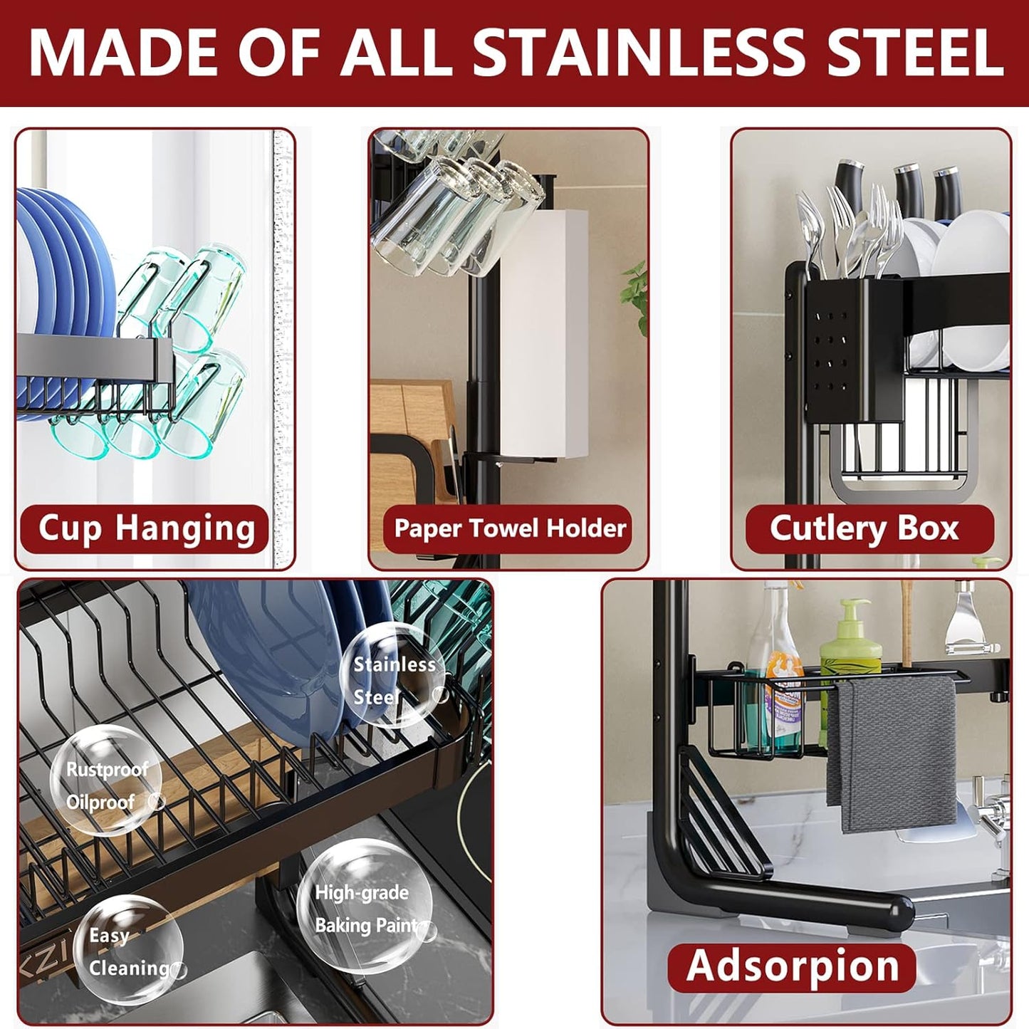 VNKZI Over Sink Dish Drying Rack, 2 Tier Stainless Steel Storage Adjustable Length (25.98'' to 36.61'') Kitchen Rack, Multifunctional Expandable Counter Organizer, Space Saver Dish Rack