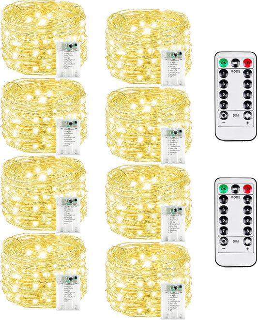 8 Pack Each 20FT 60LED Fairy Lights Battery Operated with Remote, Waterproof Twinkle Lights with Timer, Cuttable String Light Indoor & Outdoor for Bedroom Classroom Wedding DIY Christmas (Warm White)