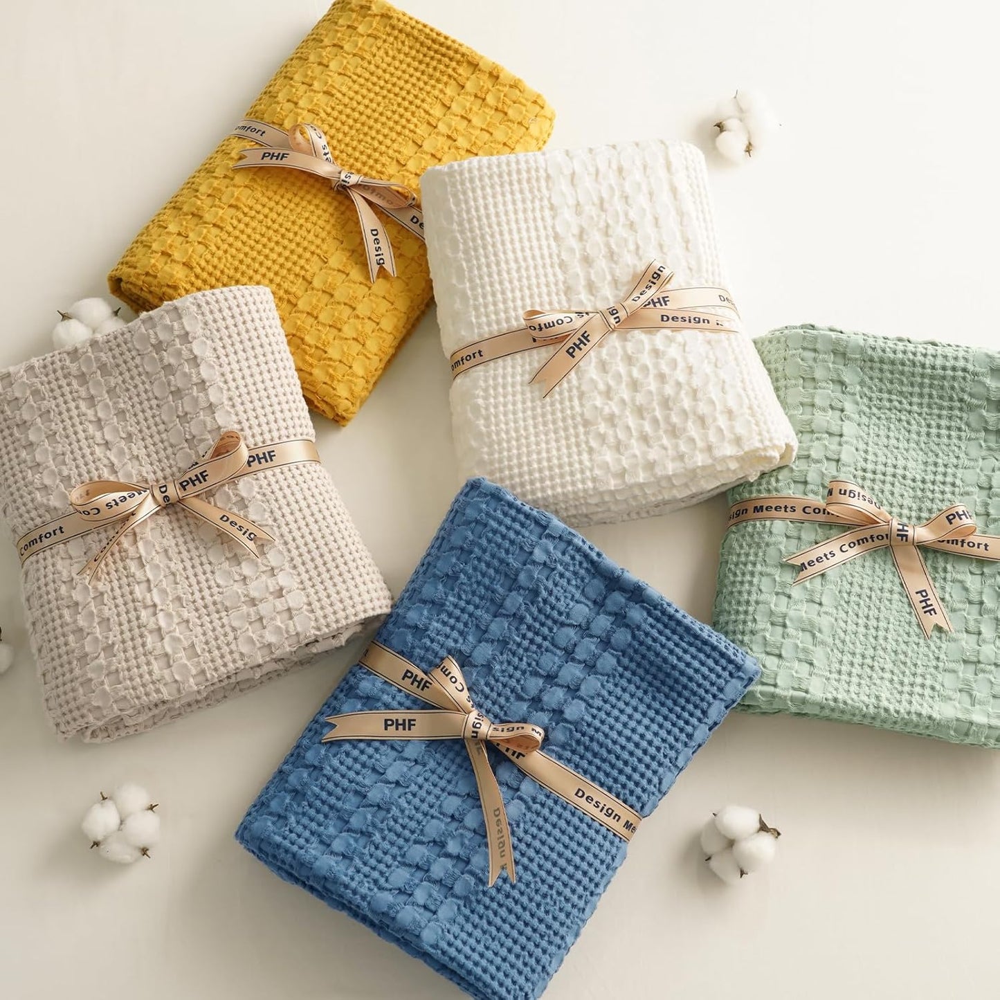 PHF 100% Cotton Waffle Weave Blanket King Size, Soft Lightweight Breathable Cozy Summer Blankets for Bed, Luxury Aesthetic Woven Bedding for Home Decor, 108"x90", Cannoli Cream