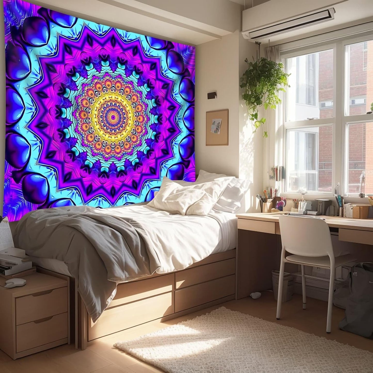 PSYHILAR Blacklight Mandala Tapestry for Bedroom, Black Light Posters for Adults and Teens, Colorful UV Reactive Aesthetic Bohemian Wall Art Decor (60 x 50 Inches)