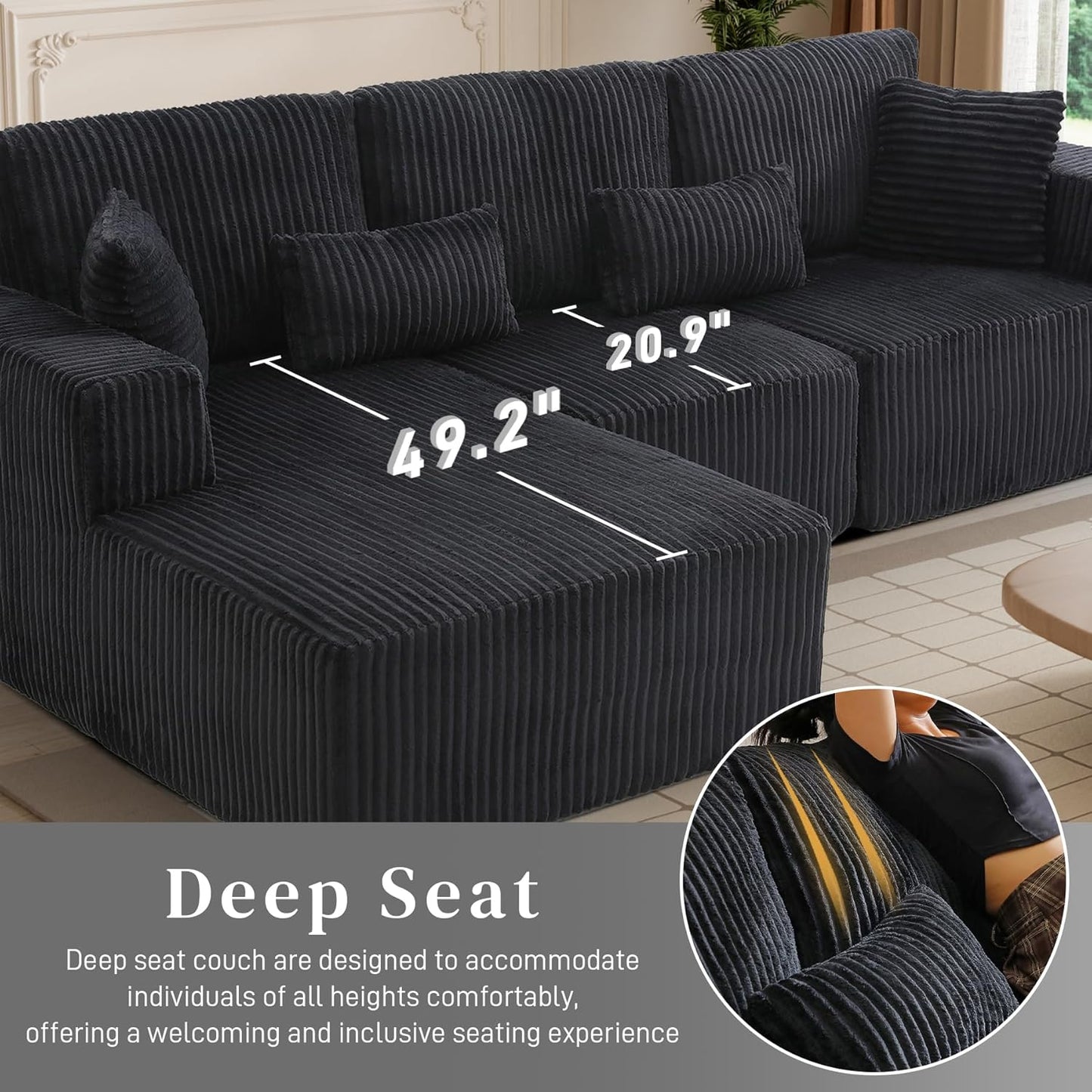 HYJT-H&K Modular Sectional Sofa Cloud Sectional Couch, 107" Comfy Fluffy L Shaped Dark Black Couches for Living Room, Deep Seat Memory Foam Plush Corduroy Boneless Couch Sectionals Left Facing Chaise