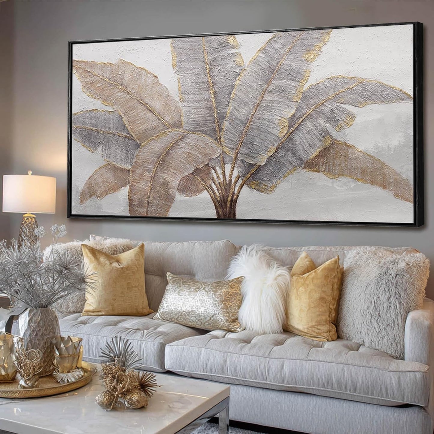 CHUDANHAO Botanical Wall Art Vintage Pictures Wall Decor Grey and Gold Photo Prints Line Wall Hangings 24"x48" Canvas Decorations for Bedroom Office