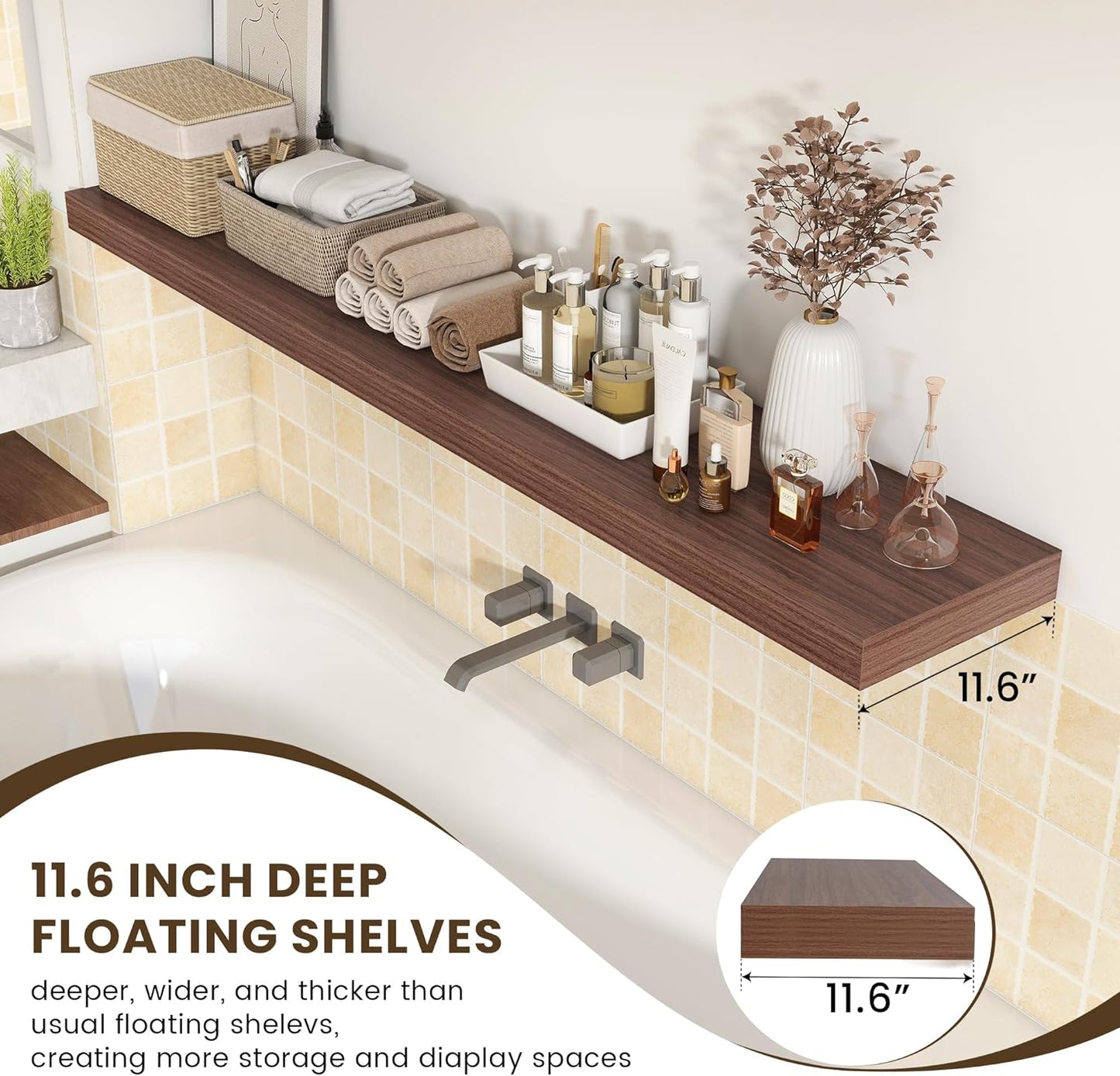 12 Inch Deep Floating Shelves for Wall | 72W x 12D Floating Shelves Set of 1 | Rustic Walnut Long Floating Shelves for Living Room Bathroom Laundry Room Bedroom Kitchen Home Office