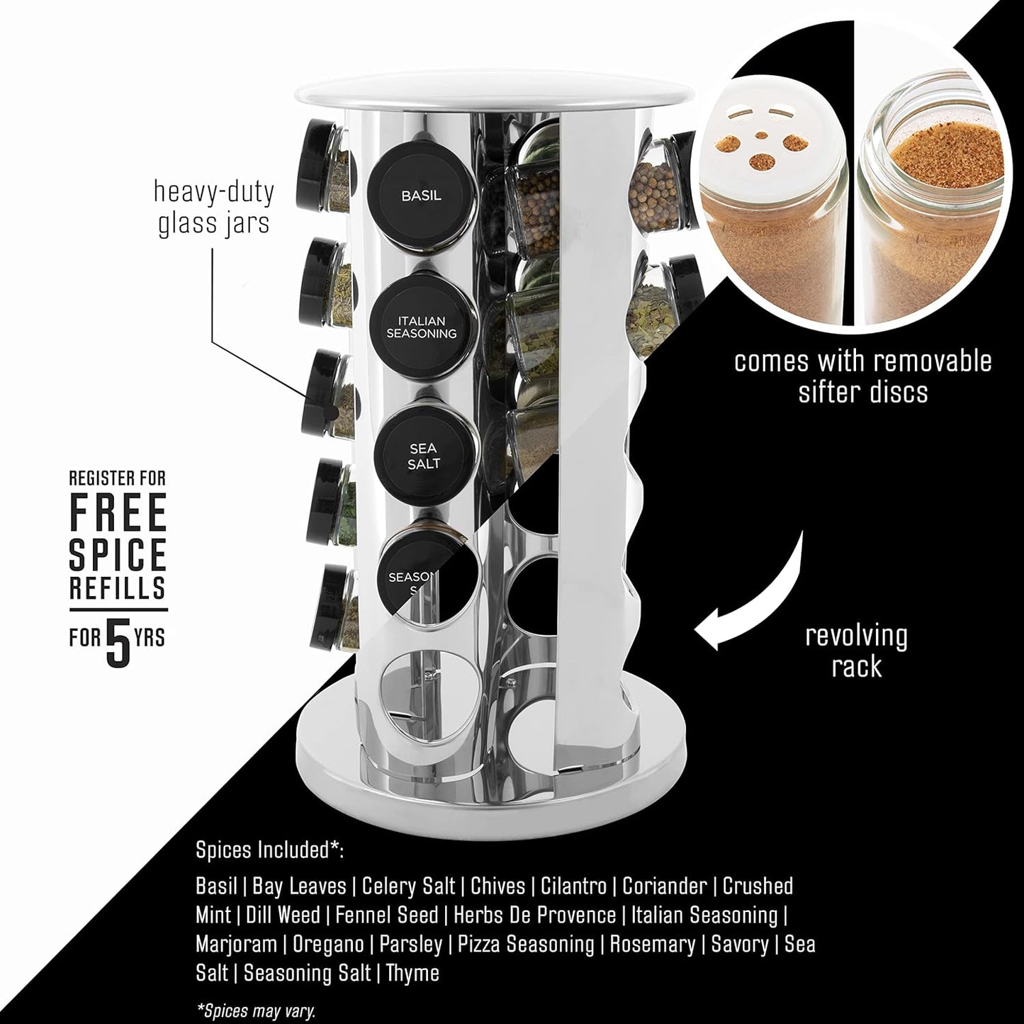 Kamenstein 20 Jar Revolving Countertop Spice Rack with Spices Included, FREE Spice Refills for 5 Years, Polished Stainless Steel with Black Caps, 30020 (Pack of 3)