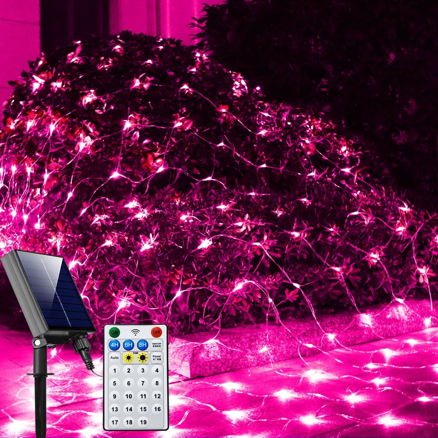 Solar Net Lights Pink Christmas Decorations, 200 LED Net Lights Outdoor Mesh Lights, Remote Control 19 Modes String Lights for Garden, Yard, shrubs, Trunk, Bedroom, Valentine’s Day Decor-9.8ft x 6.6ft