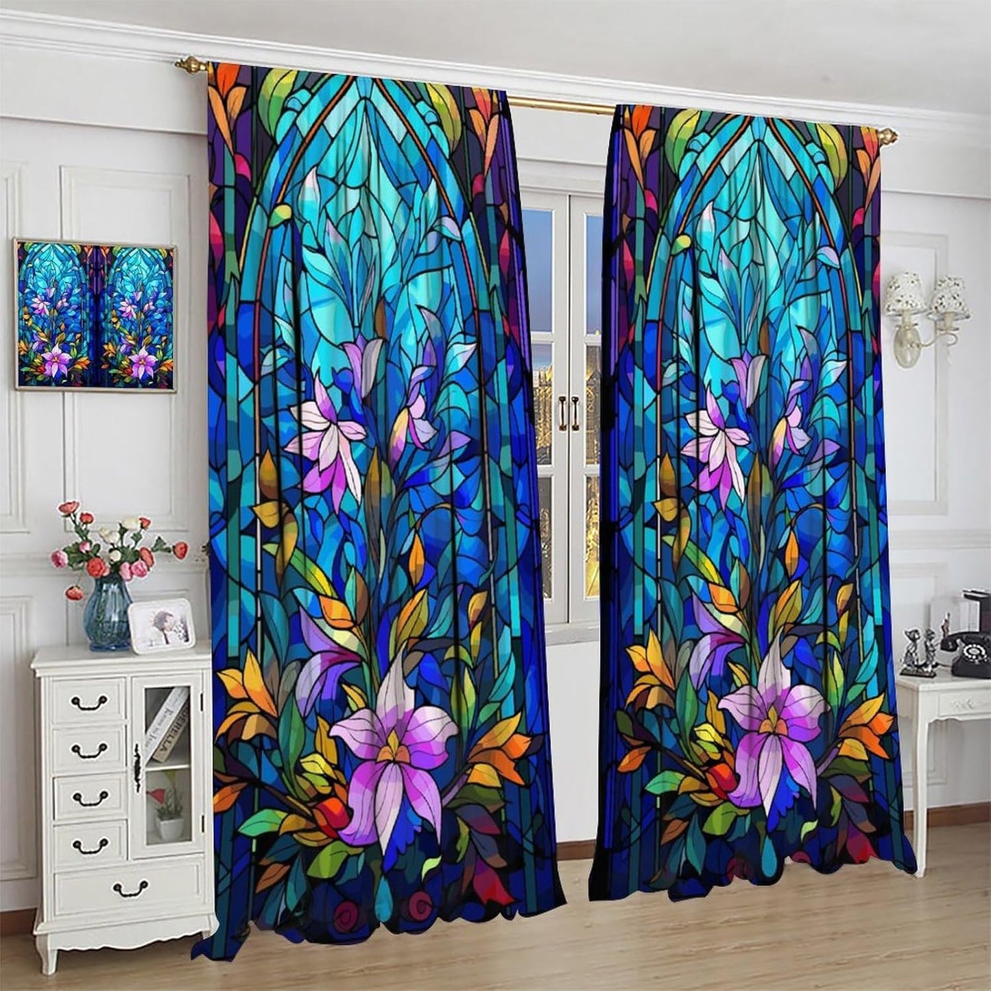 Stained Glass Curtains,Abstract Colorful Floral Geometric Art Home Decor Drapes for Bedroom Living Room Kitchen Window Treatment 2 Panels Set Total Size 55" W X 63" L Inch