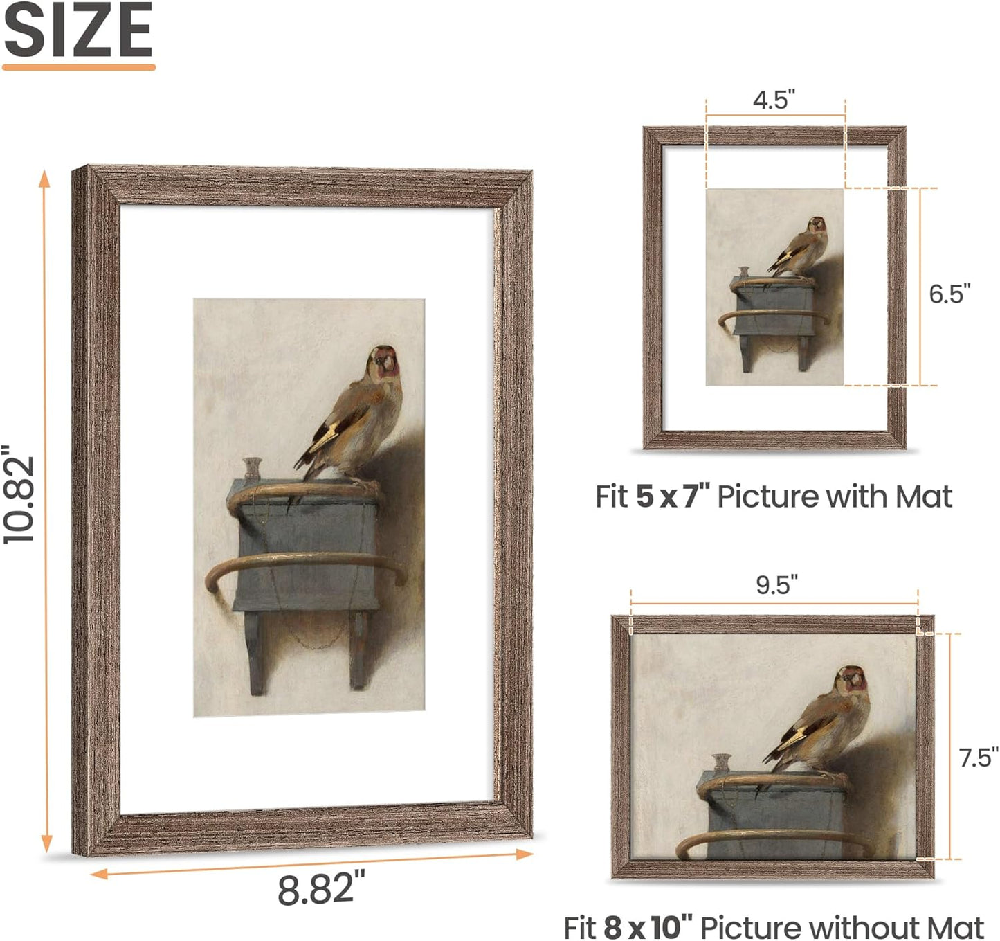upsimples 8x10 Picture Frame, Natural Solid Wooden Picture Frames, Display 5x7 with Mat or 8 x 10 Without Mat, Wall or Tabletop, 1 Pack, Brown