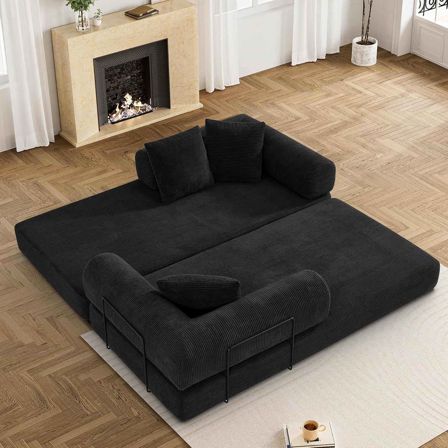 Convertible Sleeper Sofa Bed with Pillow, 4-in-1 Corduroy Folding Mattress Couch with Fixed-Shape Frame, Futon Fold Out Floor Sofa Cama Lounge Couch for Living Room Bedroom Studio, Black