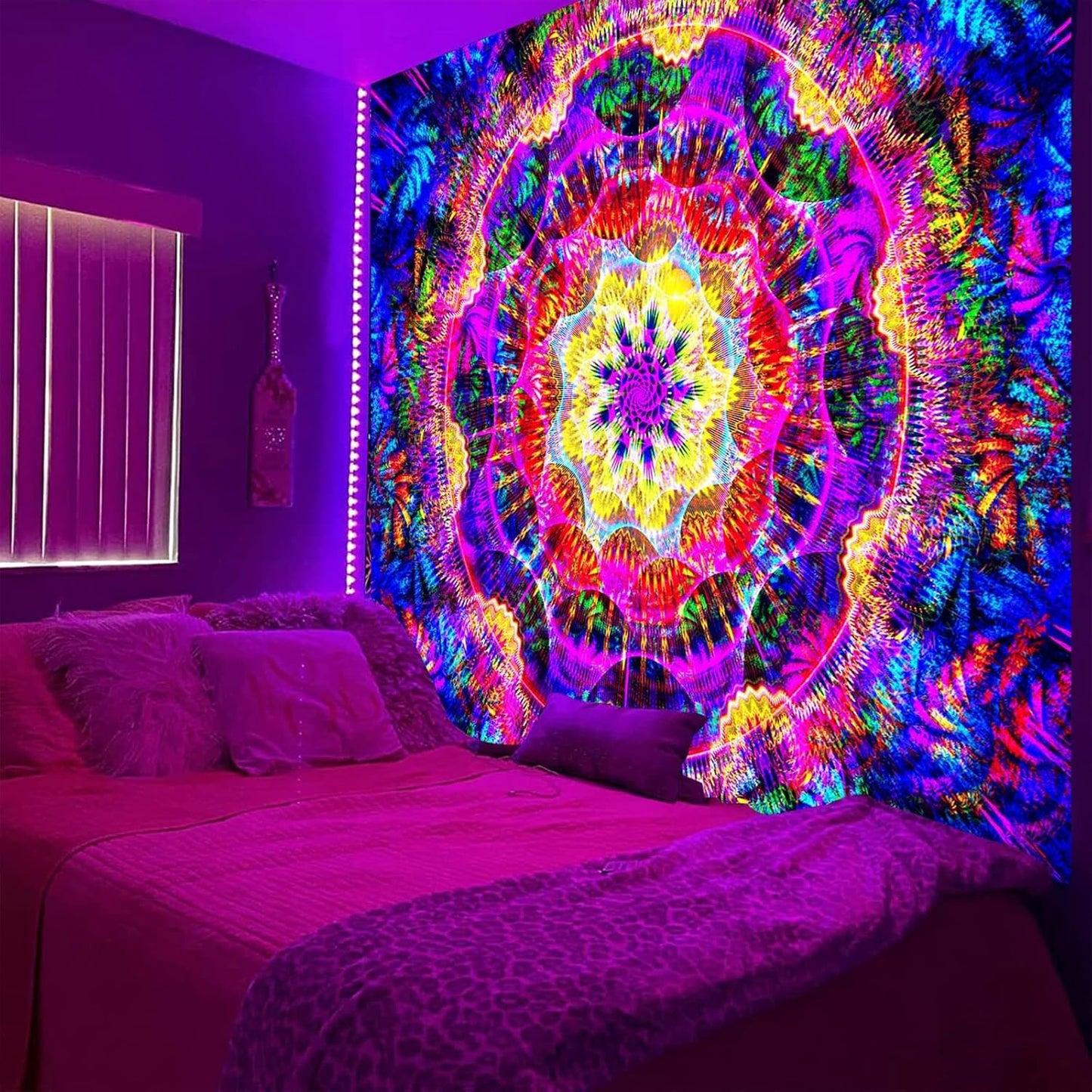 PSYHILAR Blacklight Mandala Tapestry for Bedroom, Psychedelic Black Light Posters for Adults and Teens, Colorful UV Reactive Aesthetic Bohemian Art Wall Hanging Decor (80 x 60 Inches)