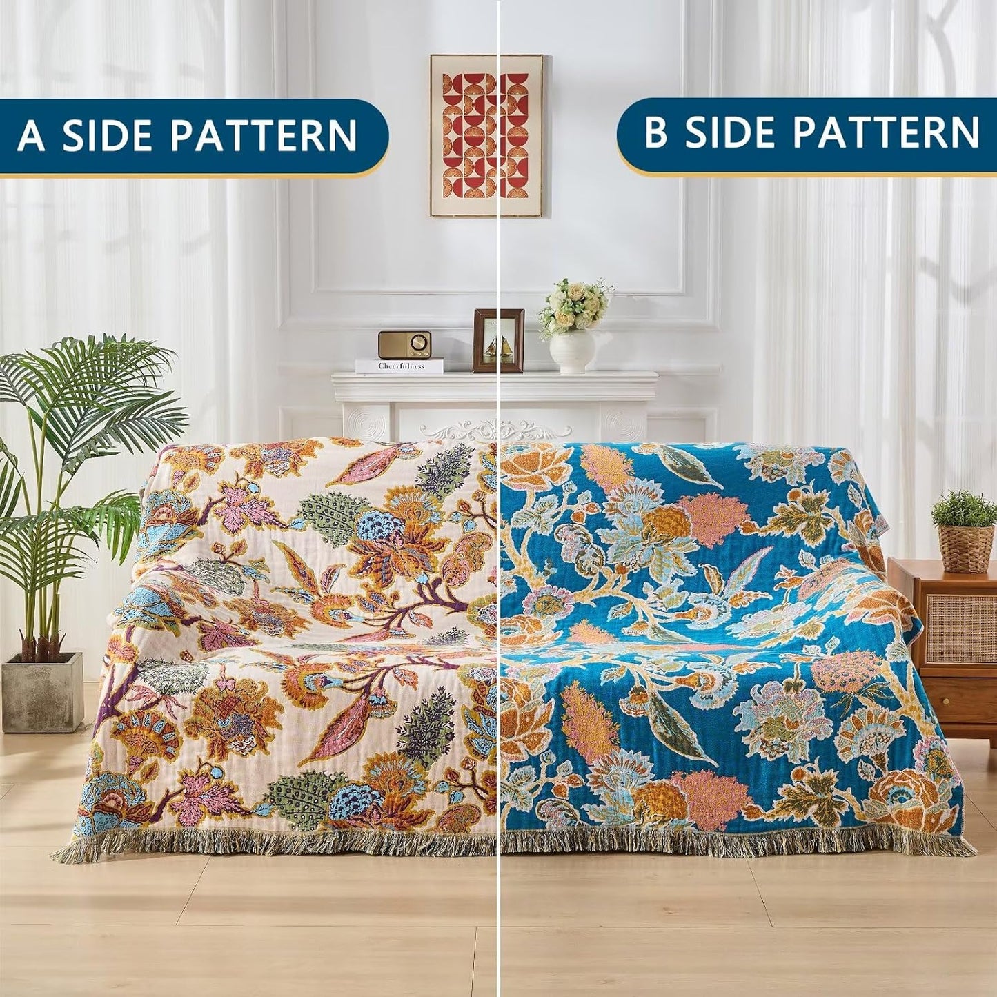 100% Cotton Summer Boho Throw Blanket, King Size Living Room Reversible Blanket, Boho Floral Bird Colorful Retro Quilt Ultra Soft Reversible Gauze Blanket for All Season, 90"x98"