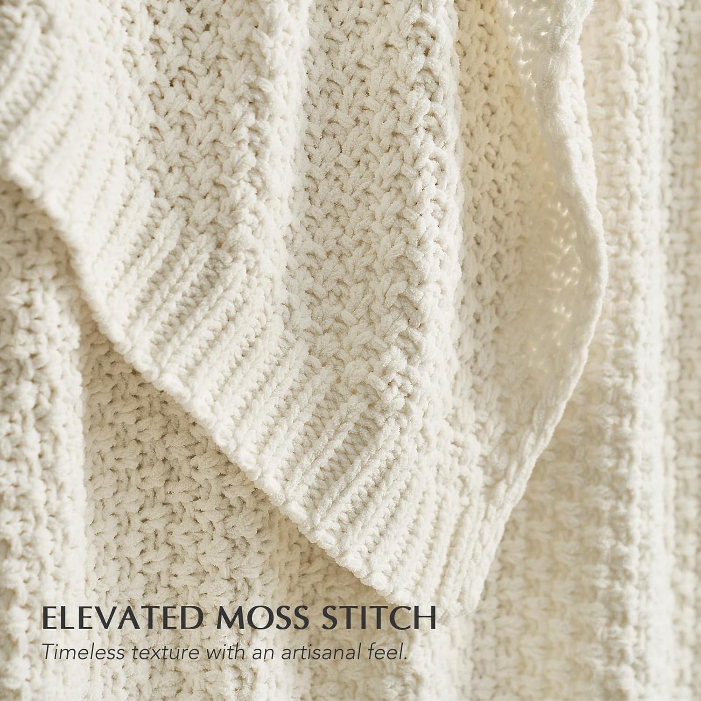 Chunky Chenille Knit Throw Blanket for Couch, Soft Luxurious Moss Stitch Blankets for Bed, Cozy Decorative Farmhouse Knitted Throws for Sofa, Ivory White, 60" x 80"