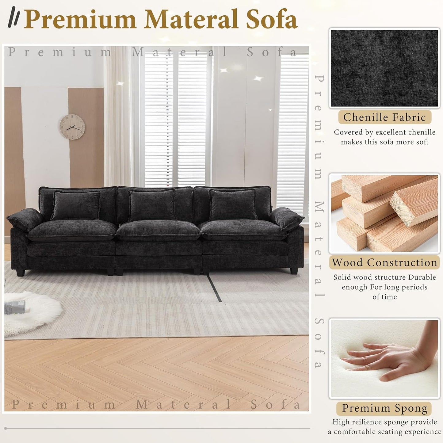 URRED Modular Sectional Sofa Comfy Cloud Couch, Modern Chenille Sofa Sleeper Deep Seat Couches with Ottoman/Pillows for Living Room (Black, 117'')