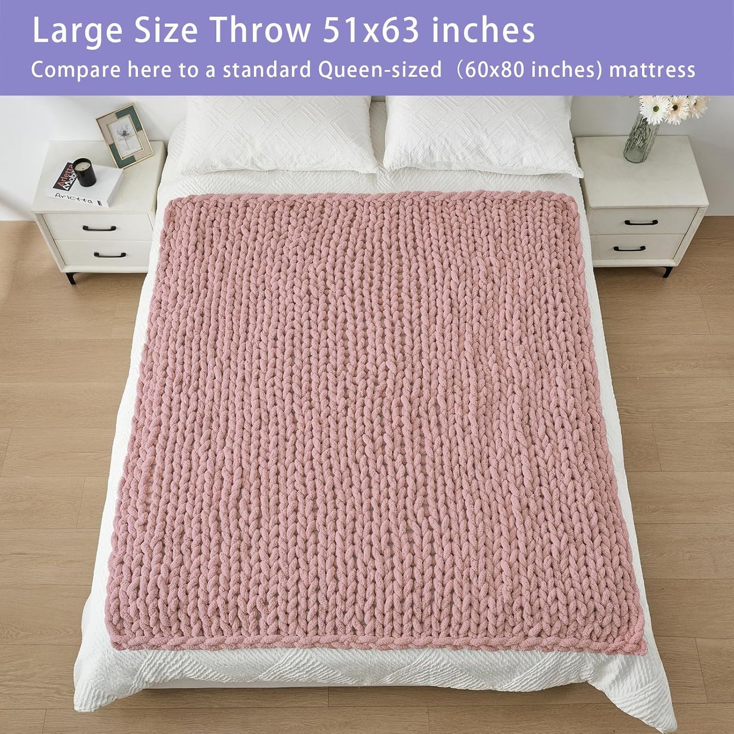 Bigacogo Chunky Knit Throw Blanket for Couch, 51x63 inches, 100% Hand Knitted with Thick Jumbo Chenille Yarn, Cozy Soft Large Rope Knot Cable Crochet Blankets for Sofa Bed Living Room, Dusty Pink