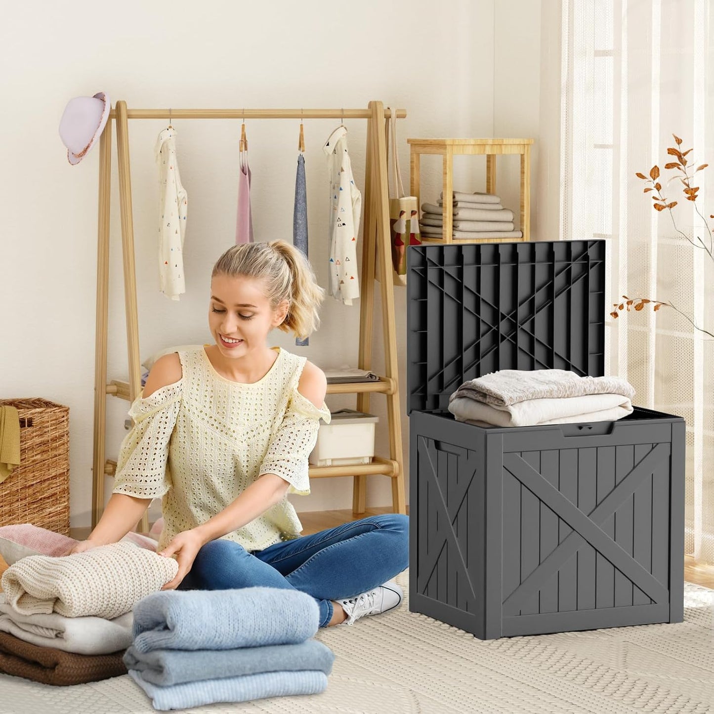 38 Gallon Outdoor Deck Box,Storage Lockable Waterproof Patio Furniture,Garden Tools,Cushions,Pool Accessories Outside Storage Resin Box(BlackX)