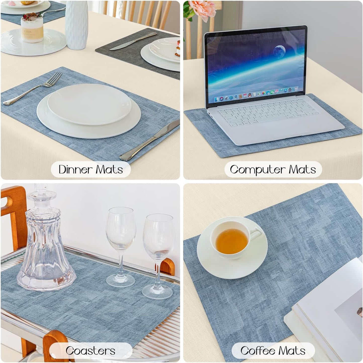 Romanstile Reversible Vinyl Placemats Set of 6, Faux Leather 100% Waterproof Oil-Proof Wipeable Place Mats, Heat Resistant Dual Sided Table Mats for Kitchen/Dining/Party (Grey Sky Blue, 12 x 17 Inch)