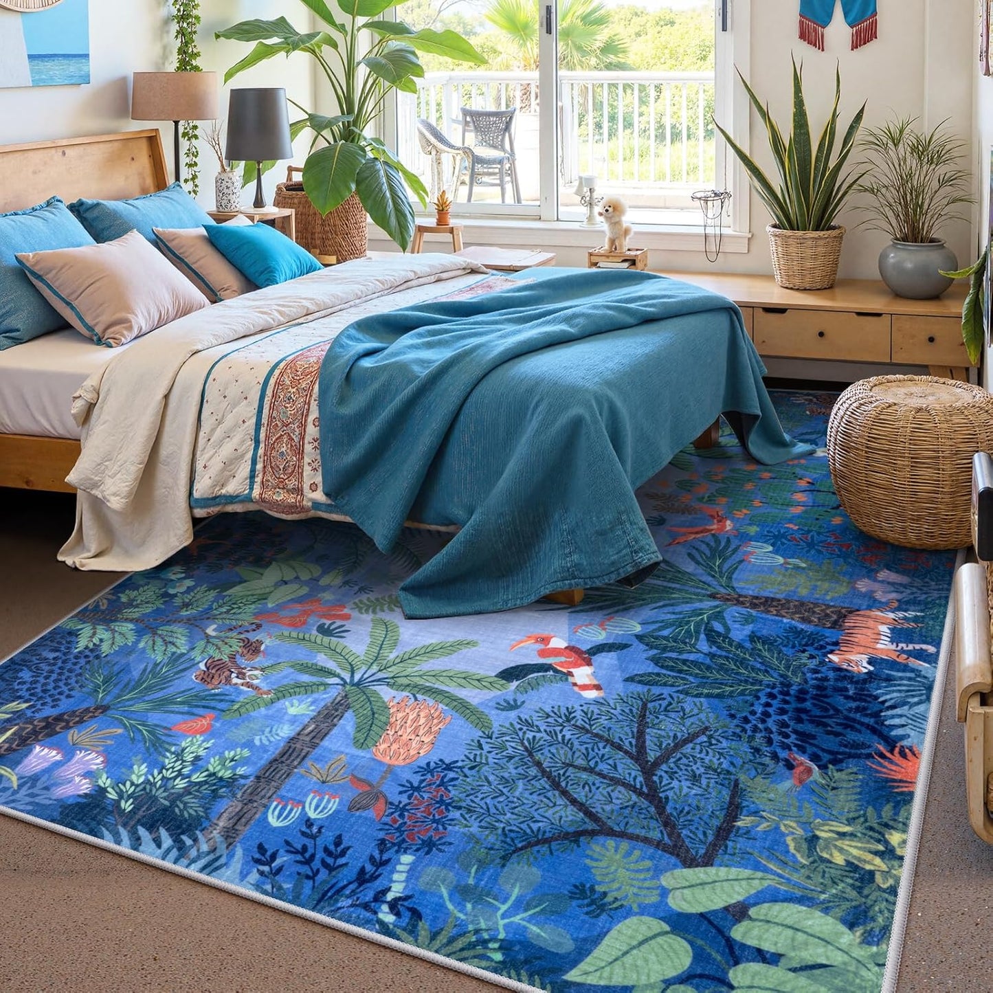 LIVEBOX Jungle Animal Print Dining Room Rugs for Under Table, Soft Modern Rug for Living Room, Washable Kids Rugs for Boy Bedroom, Non-Skid Blue Kids Carpet Playmat Rug for Play