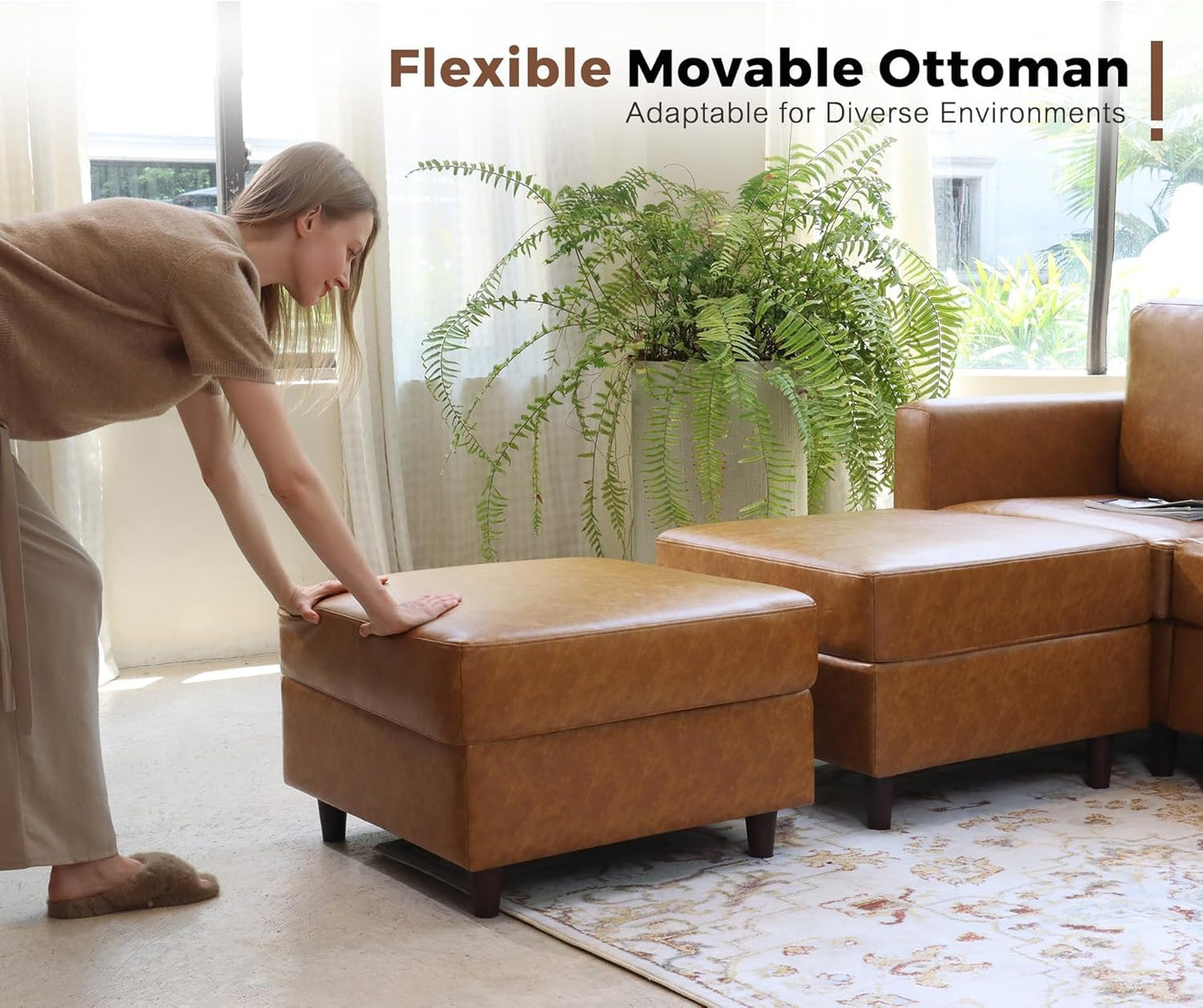 118.5" Faux Leather Modular Sectional Sofa, L Shaped Couch Set for Living Room, 5-Seater Comfy Cloud Couches with Movable Storage Ottoman,DIY Combination - Brown