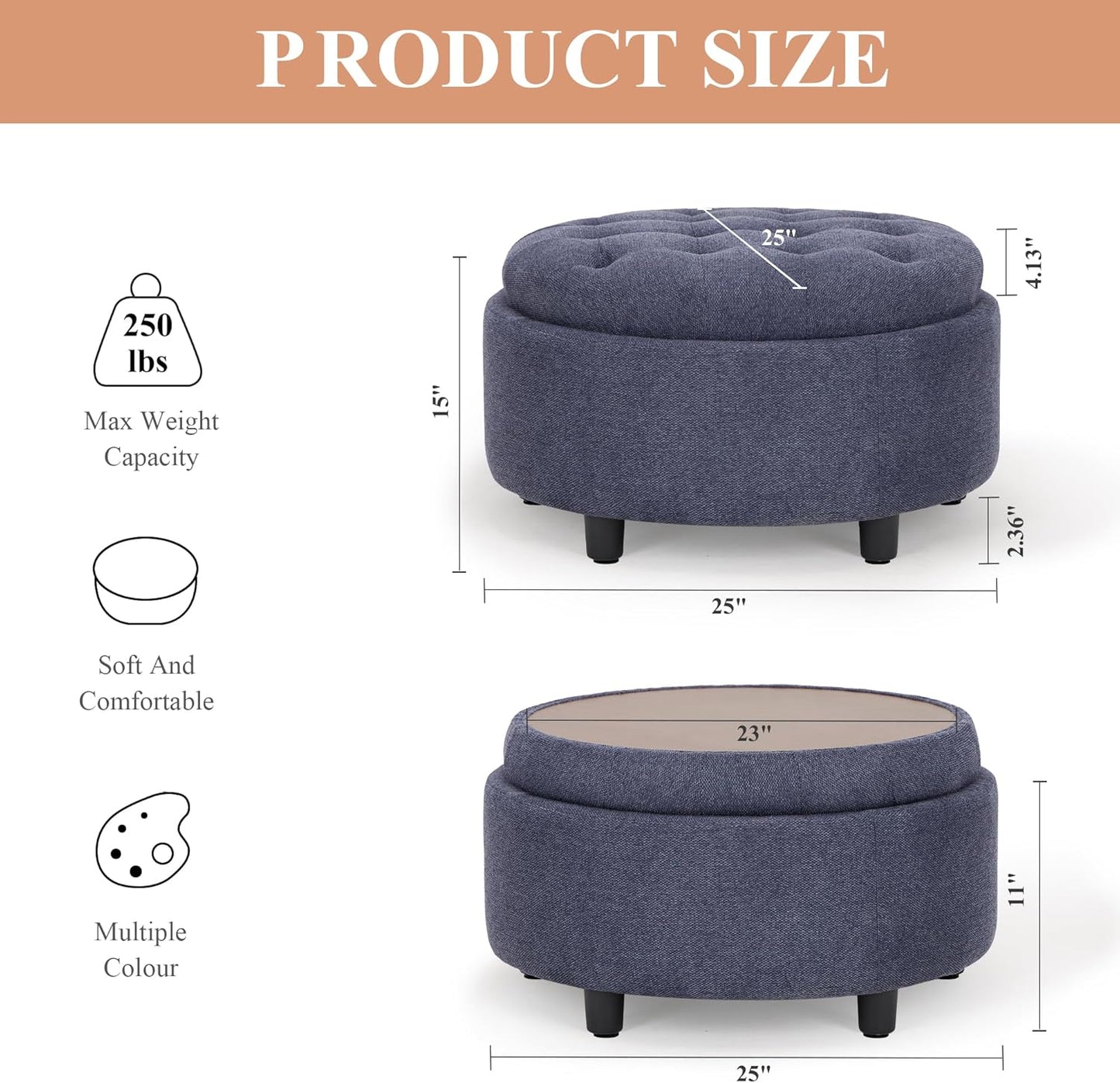COLAMY Fabric Round Storage Ottoman with Reversible Tray Lid – Multi-Functional Footrest, Hidden Storage, Sturdy & Stylish Small Coffee Table for Living Room, Bedroom, or Entryway(Blue)