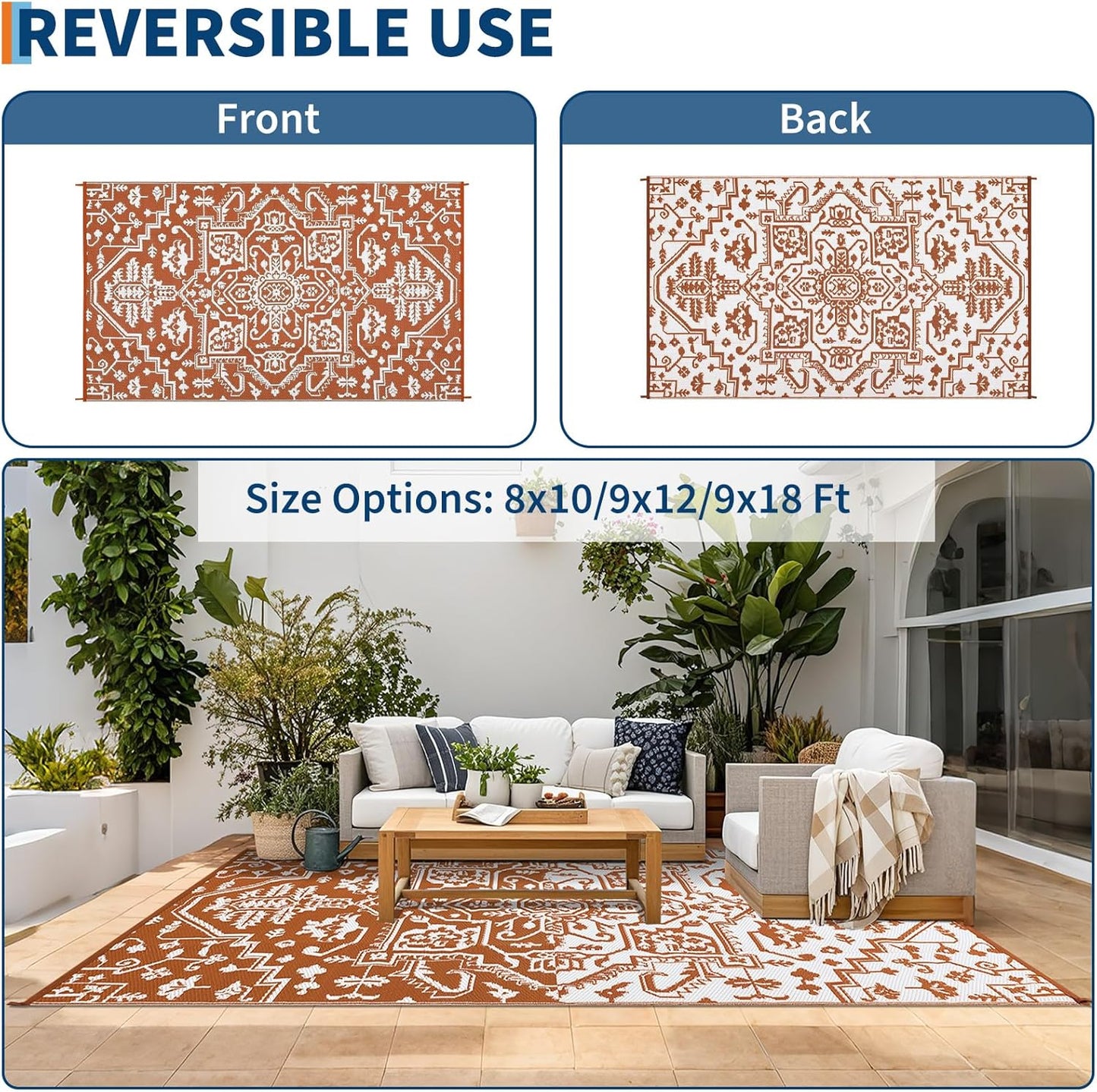 Outdoor Rug 9x12 Waterproof Reversible Plastic Straw Patio Rug, Stain-Resistant Vintage Medallion Carpet, Large Easy-Cleaning Indoor Outdoor RV Mat for Deck, Camping, Balcony, Terracotta Brick/White