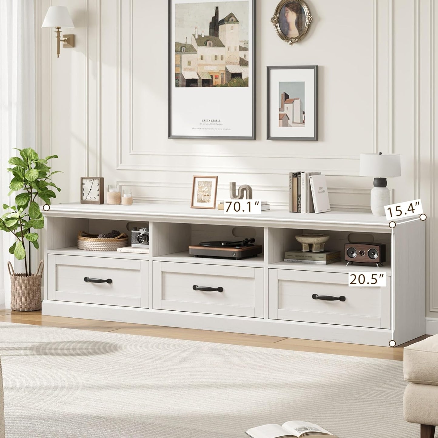 IDEALHOUSE 70in TV Stand for TVs up to 80", Mid Century Modern Entertainment Center with Storage Drawer and Open Shelves, TV Console Media Cabinet for Living Room, Bedroom, Antique White