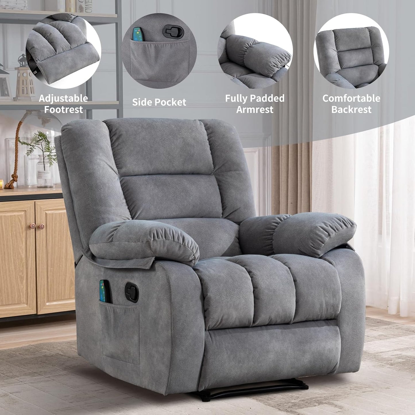 Massage Recliner Chair with Heat and Massage, Soft Fabric Ergonomic Manual Reclining Chairs, Heavy Duty Reclining Sofa Chair with Side Pockets for Living Room (Light Grey)