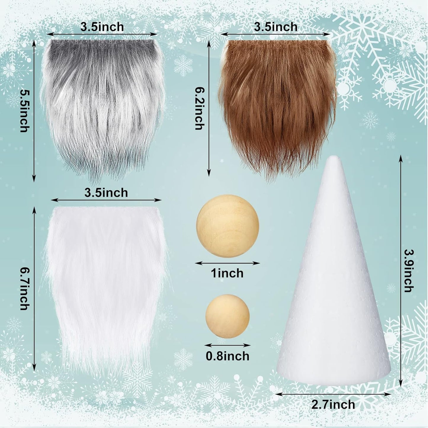 Sosation 60 Pcs Gnomes Beard Sets Faux Fur Pre Cut Gnomes Beard Foam Cone Foam Handmade Wood Balls for Halloween Christmas Day Crafts(Grey, Brown, White)