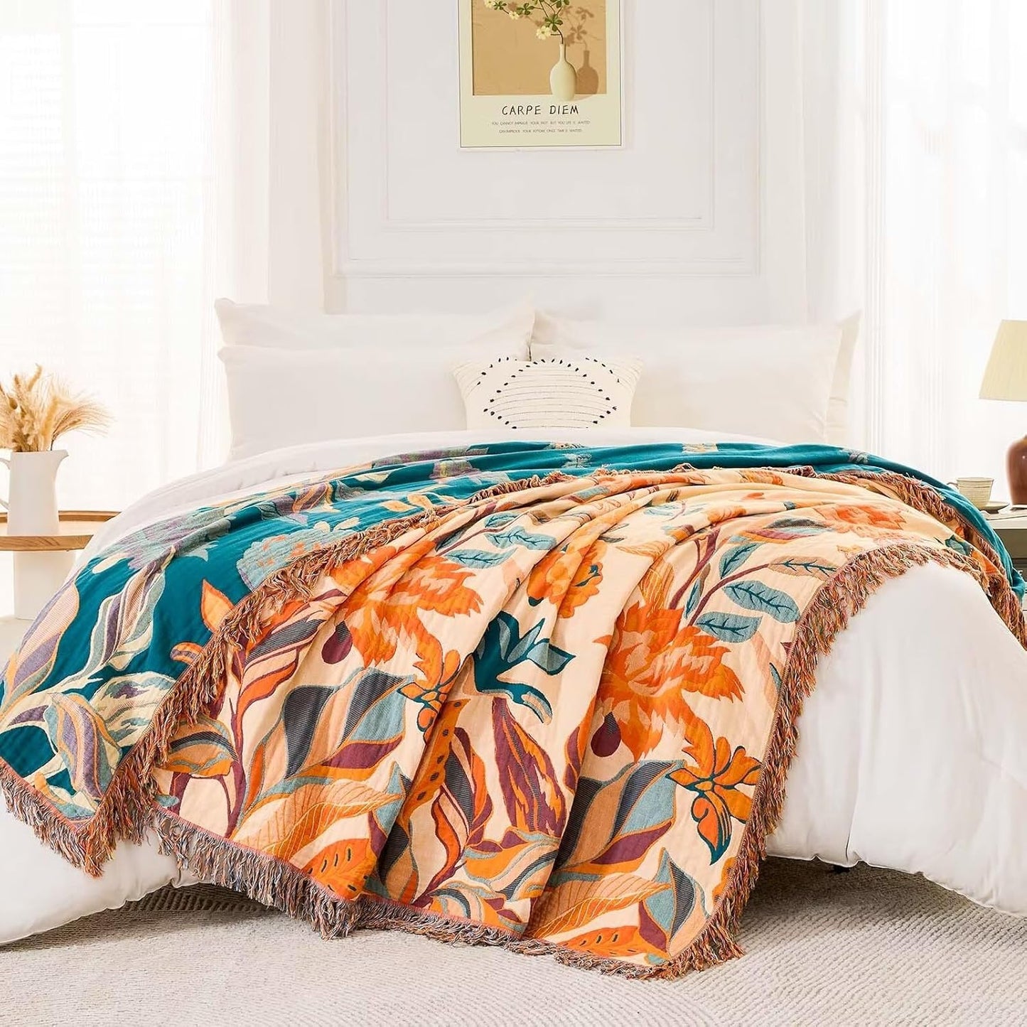 Boho Throw Blanket for Bed, 100% Cotton Soft Rustic Quilt Fall Blanket, 90"x98" Floral Printed Farmhouse Decor Bed Blankets, All Season Rustic Reversible Bohemian Throw Quilt