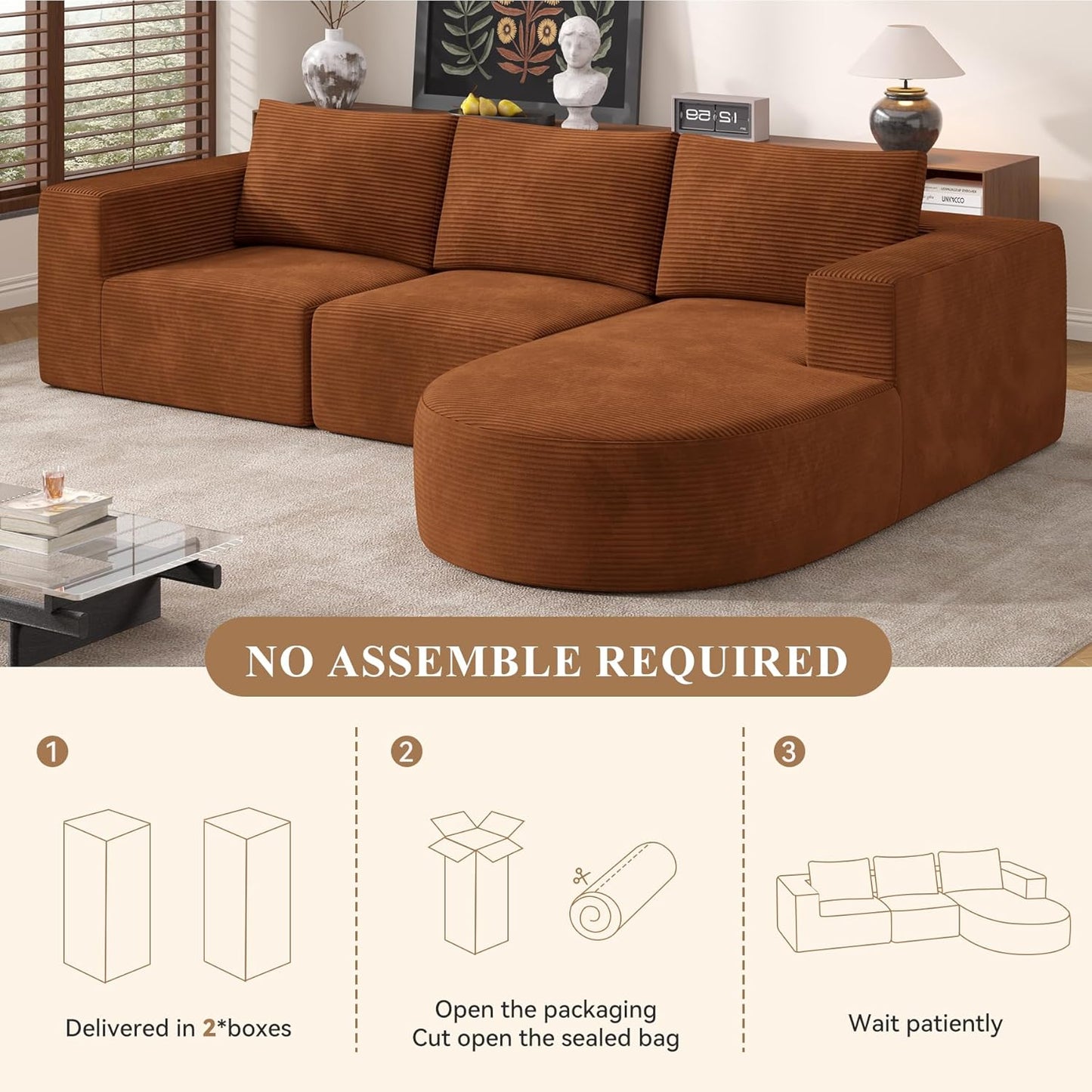 Modular Sectional Sofa with L-Shape Chaise,Cloud Sectional Modern Sleeper Couch with Deep Seat,Sponge Compression Sofas No Assembly Required(Brown-Corduroy Fabric) 1PCS