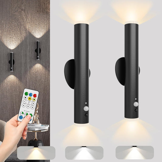 Battery Operated Wall Sconce Set of Two, Rechargeable Wall Lights with Motion Sensor, Remote Control, Dimmable Metal Magnetic Wall Lamp for Decor, Bedroom, Night Light (Black, 2 Pcs)