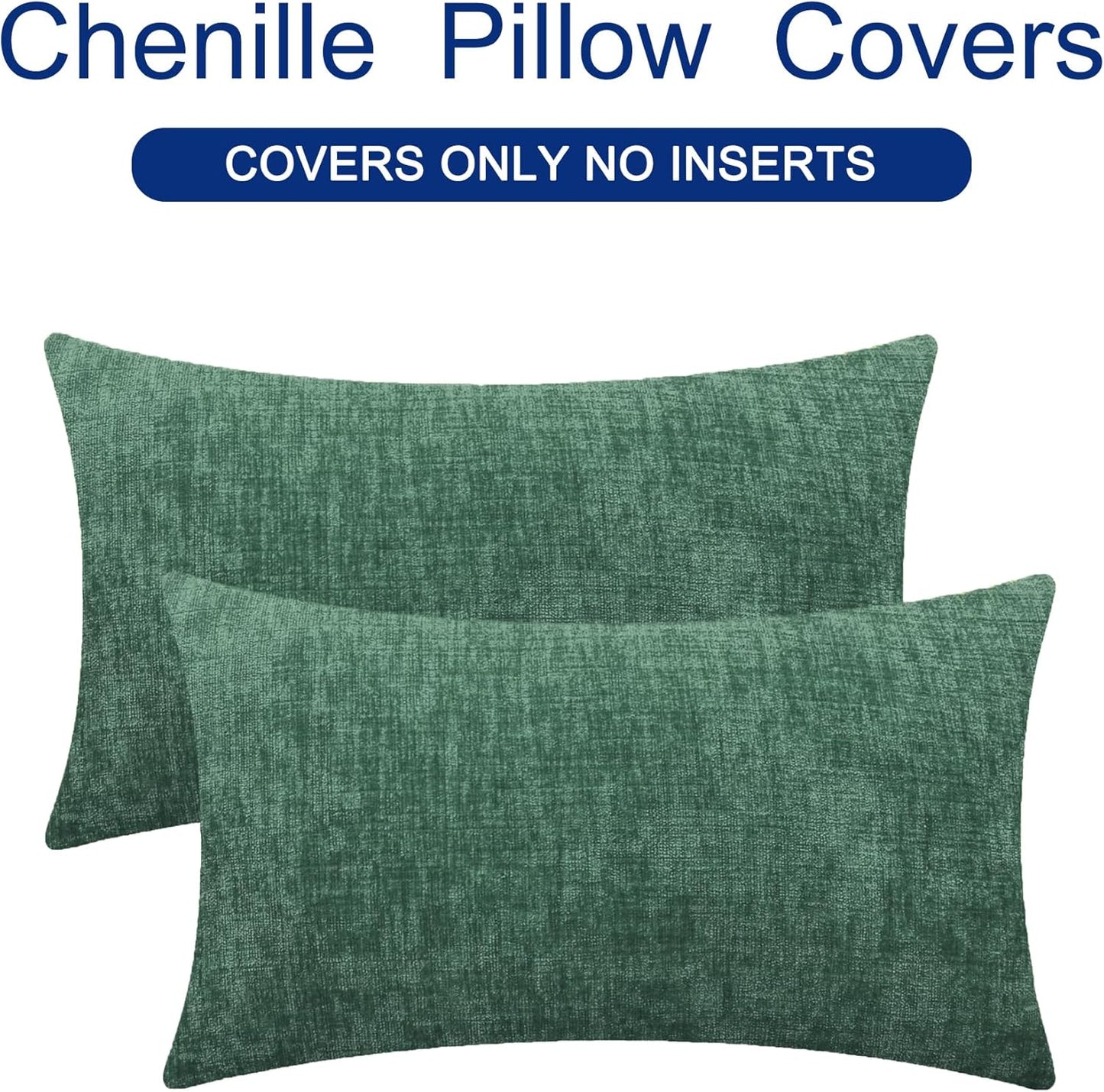 CaliTime Throw Pillow Covers Decorative 12 X 20 Inches Pack of 2 Cozy Chenille Cushion Cases for Couch Sofa Bed Living Room Home Dark Green