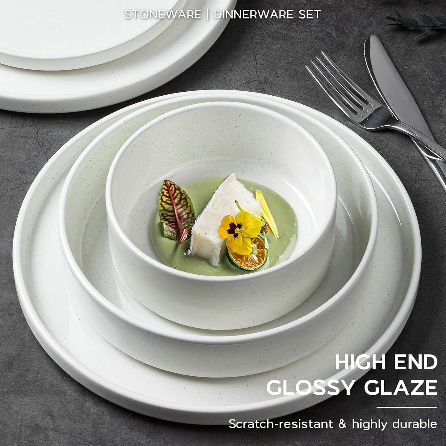 Stoneware Dinnerware Sets for 2, Onader Speckled Plates and Bowls, 8 Pieces Ceramic Dish Dinner Set with Pasta Bowl, Microwave & Dishwasher Safe - Cloud White