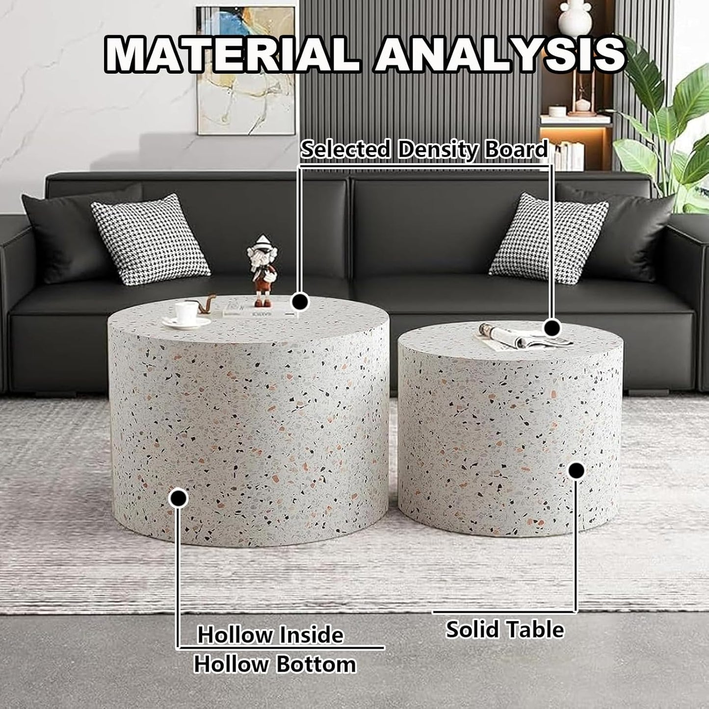 Round Nesting Coffee Table Set of 2 Modern Wooden Drum Coffee Table and End Table Sets Small Side Tables Circle Accent Center Tables for Living Room Apartment,No Assembly,Terrazzo