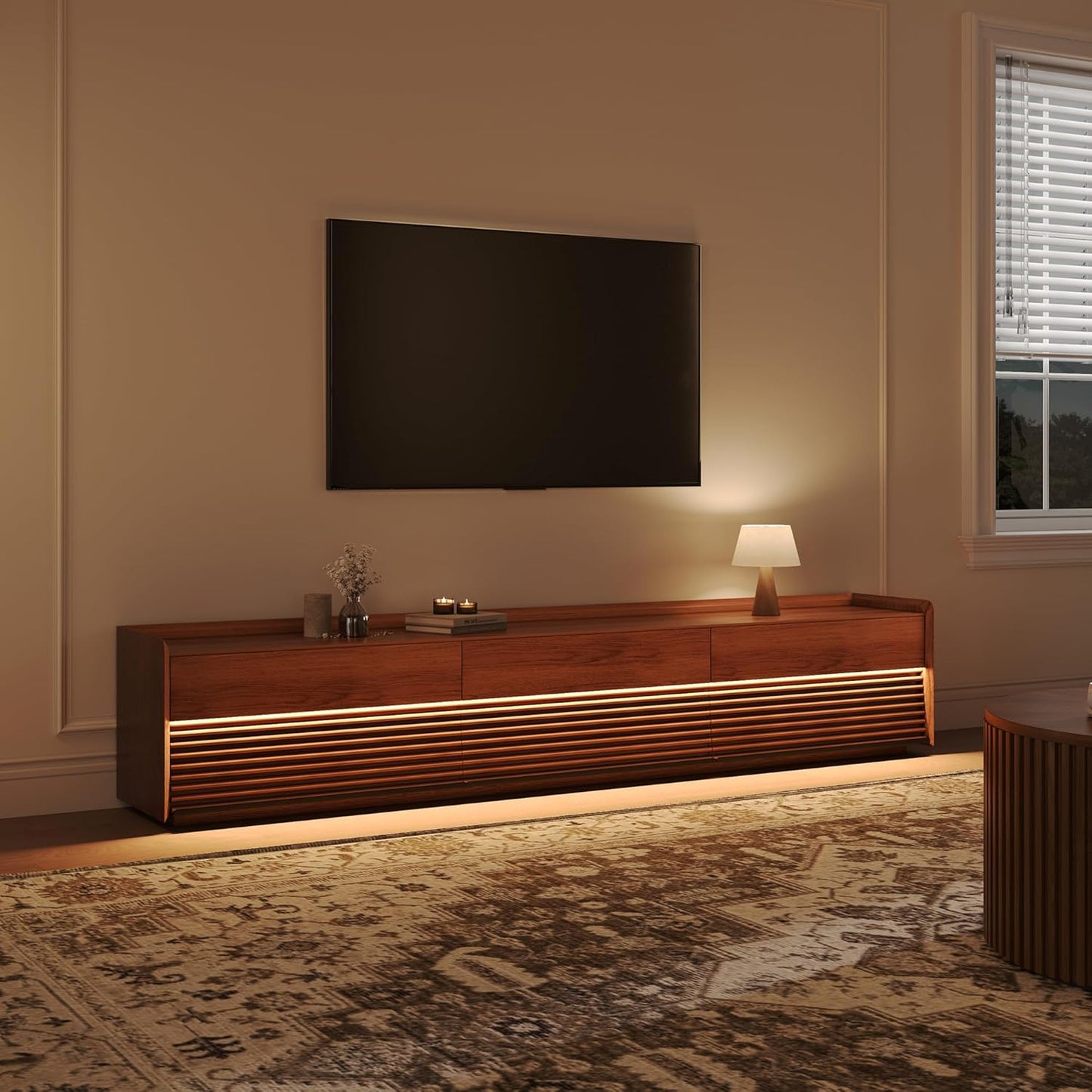 POVISON Fully-Assembled Mid Century Modern TV Stand, 94.49" Wood Media Console with Adjustable LED Light, Entertainment Center with Storage for Living Room