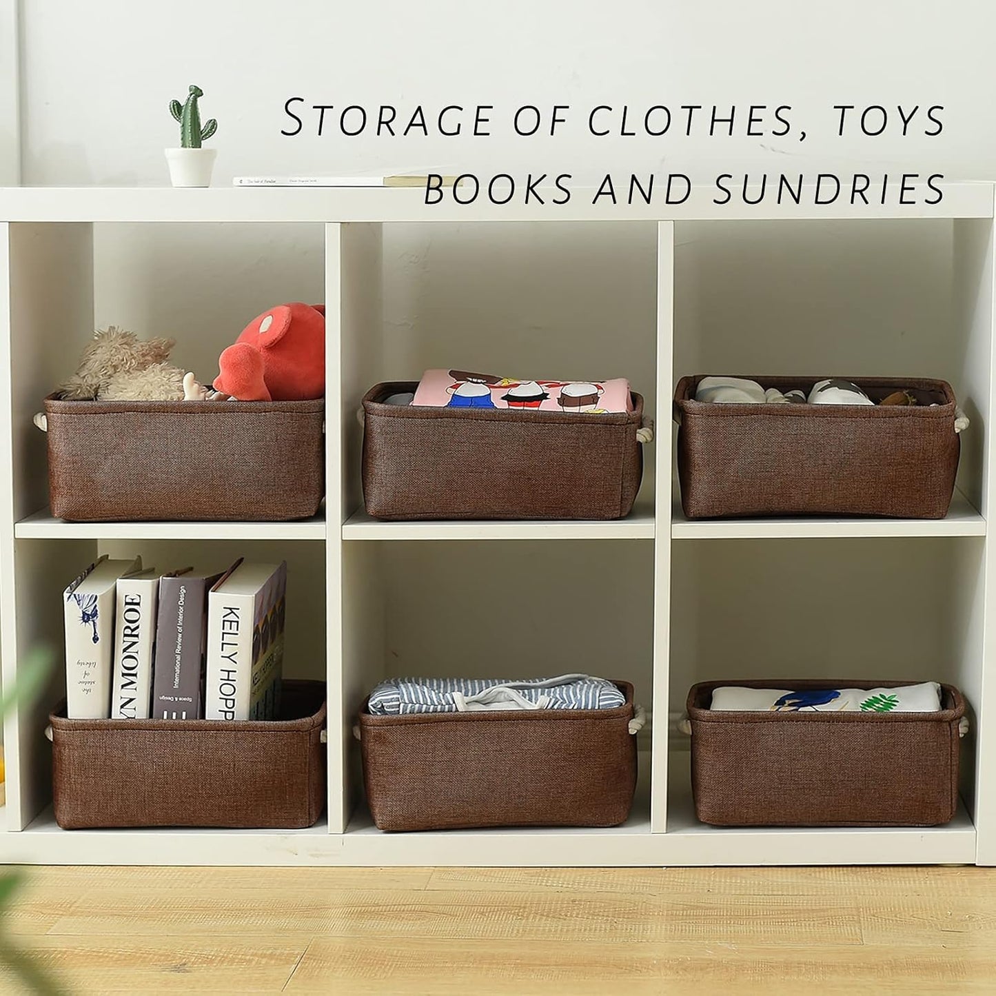 TheWarmHome Storage Basket for Organizing - 12x8x5 inch Small 6 Pack Collapsible Storage Bin for Shelves with Handles, Canves Storage Box for Cloth Closet Organizer Gift Toy (Brown)