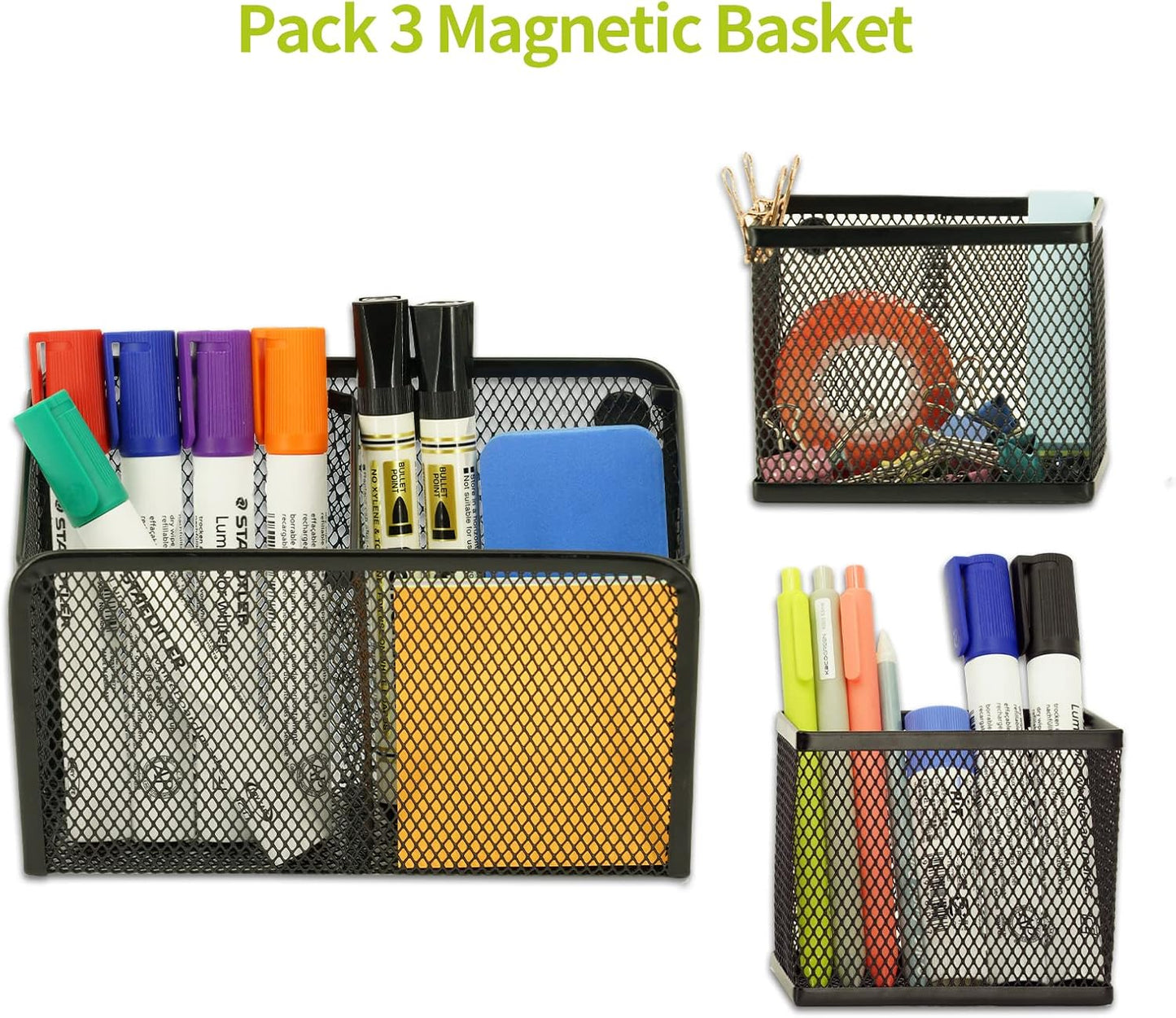 Neudeco Locker Shelf Organizer, Magnetic Pencil Holder, Metal Storage Basket for Whiteboard, Refrigerator, Ideal Cabinet for School, Black (Pack 3L)