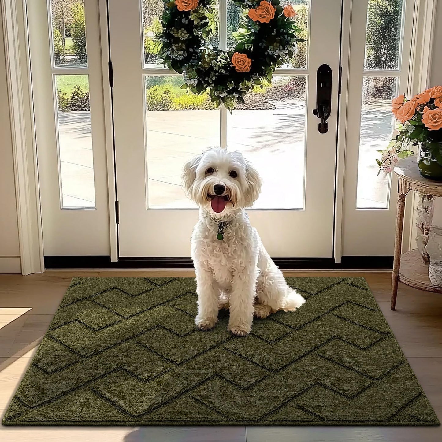 hicorfe Front Door Mat Outside Entrance,32"x40" Absorbent Muddy Dirt Resist Welcome Door Mats Outdoor Indoor,Stain and Fade Resistant,Non Slip Backing Entry Mat Doormat for Entryway(Oliver Green)